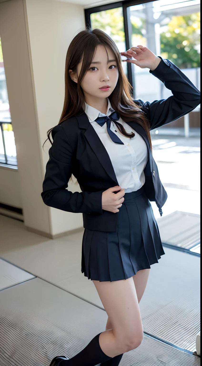 (16 K, Raw photography, Top image quality, masterpiece: 1.45), (realisitic, Photorealsitic: 1.37), one girls, cute little, A city scape,, profetional lighting, photon maping, school classrooms, physically-based renderingt, dark brown hair,pony tail hairstyle, Well-groomed and beautiful eyes、((二重まぶた))、Transcendent Cute Girl, (((student clothes、blazers、Long sleeve shirt worn by Japan high school girl、Ribbon Ties、Dark blue mini skirt,、Dark blue socks、Black loafers))), Top Quality Photos, hight resolution, 1080p, (clearface), (Detailed face description), (Detailed hand description), (masterpiece), (Exquisite CG)、extreme light and shadows、dishevled hair、master work、abundant detail、(Fine facial features)、(top quality photo)、(masuter piece)、(A detailed eye)、Look in front of you、Fine clavicle、((Slender big))、(((Japan schoolgirls wear jackets and long-sleeved shirts)))、((Neat and clean idol))、((School Gate、school ground、School building in the background))、(Shooting from random perspectives)、(((Anyway cute)))、耳Nipple Ring、A big smile、Drawing the whole body from the knees、Do not draw nasolabial folds、(((Sports bags used by Japan schoolgirls)))、(Big breasts that hang down big:1.2)、Big buttocks with tension、Two arms and two legs、(((from the front side:0.7)))、bare hand、(((Left and right symmetrical eyes)))、Standing Pose、There are chairs、Put your hands on your desk、Do not take the tie out of the jacket、Raise your buttocks:1.5,barebacked:1.5,