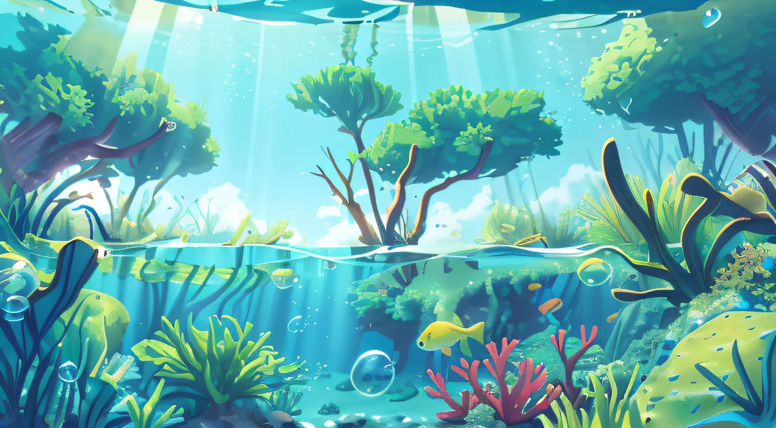 underwater landscape, As if viewed from below. The water is crystal clear, Let the sunlight pass through it,Light up the landscape. The scene is dominated by shades of blue and green, Create a serene and peaceful effect. The scene is complete,Small bubbles floating on the surface of the water.