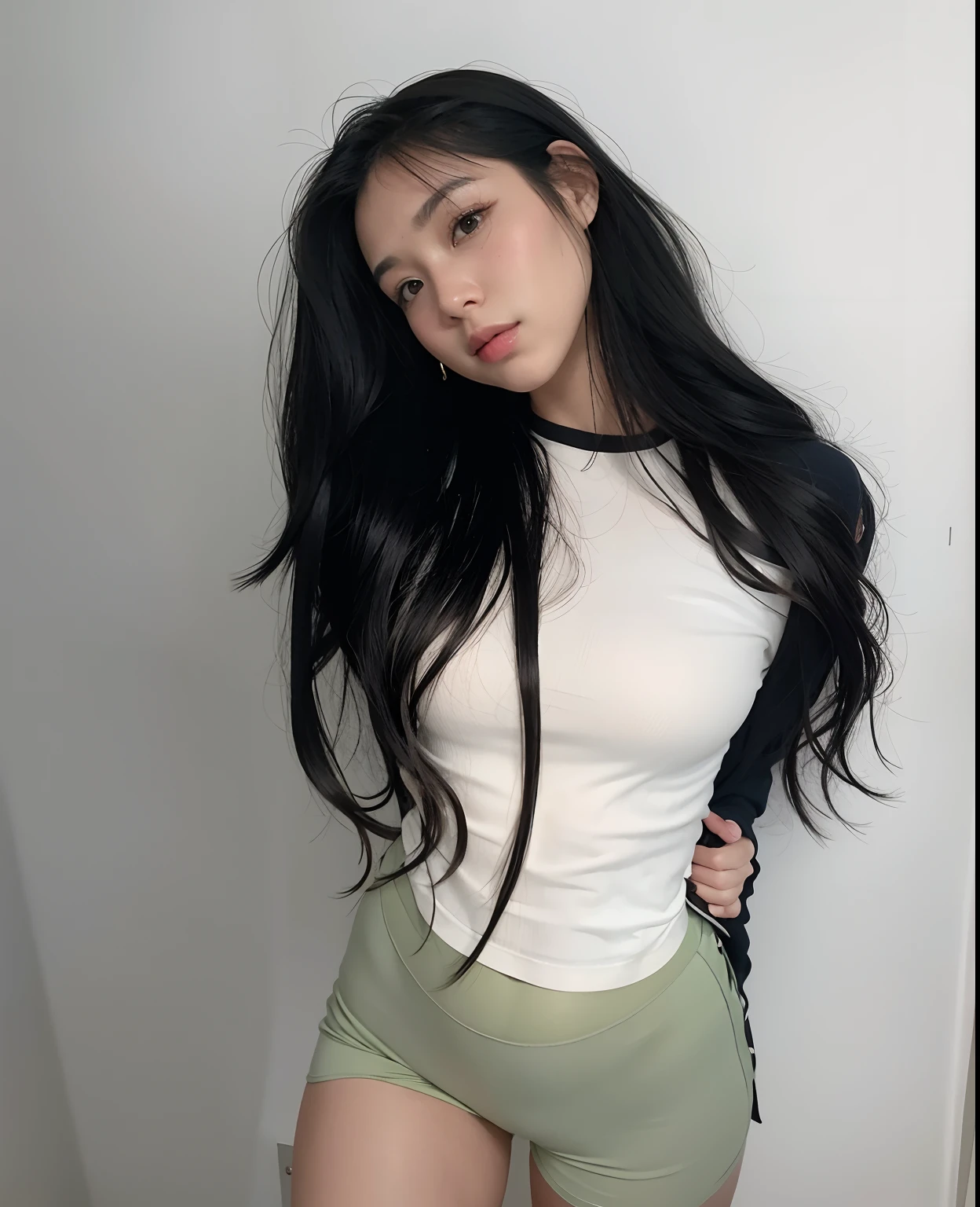 Araffe asian woman with long black hair and a green shirt, menina coreana, Ulzzang, Ela tem cabelo preto com franja, linda mulher coreana jovem, Mulher sul-coreana bonita, wan adorable korean face, young cute wan asian face, Asian girl with long hair, Beautiful Asian girl, Asian girl, com franja, cabelo arrumado com franja, Franja reta longa