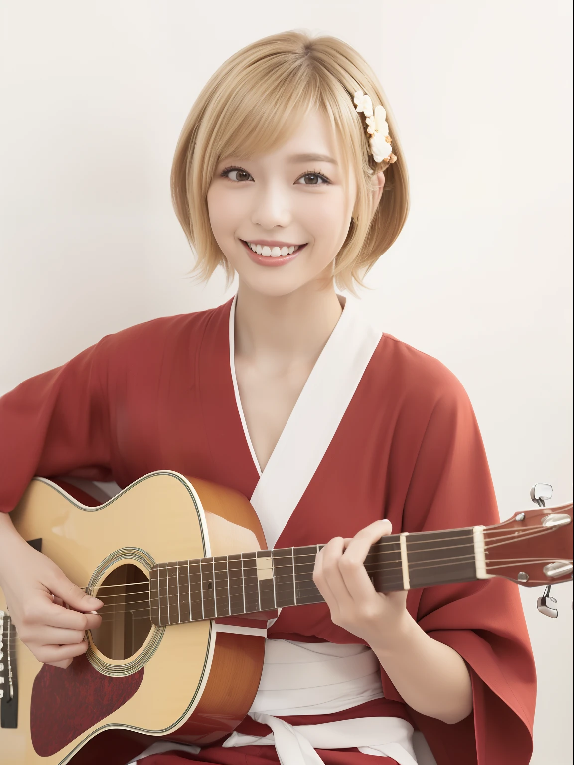 (top-quality, 8K, 32K, masterpiece, nffsw:1.2), (Raw photography), (realisitic), (Photorealsitic:1.2), (hight resolution), ultra-detailliert, extremely beautiful face and eyes, 1girl in, round small face,(((shorth hair)))、 (((short-hair)))、big breasts thin waist、(((I'm wearing a red yukata)))、(((Short hair)))、(((I play folk guitar)))、((Mouth is open))、((Red and yellow yukata))、(((White wall background)))、(((Playing guitar))), (bustshot)、(((I'm blonde)))、(((Wearing a yellow and red yukata)))、(((Fashionable hairstyles for blonde hair)))、A smile、Looks happy、(a closeup、top-quality、high detailing、rich skin detail、nffsw)、(Best Quality, 8K, Oil Painting, masutepiece:1.2), Ultra-detailed, (Realistic, Photorealistic:1.37), (((FULL BODYSHOT)))、Vibrant colors, (((Playing Folk Guitar)))、(((Pure white wall background)))、(((a 20 yo woman)))、(((short-hair)))、(((White background))), (((A smile)))、(((Girly Hairstyles)))、(((short-hair)))、(((In front of a white wall)))、(((A smile)))、(((Smiled face)))、(((The girth of the chest is 85 cm)))、((White teeth are visible))、(((I'm a single woman)))、(((It's a red outfit)))
