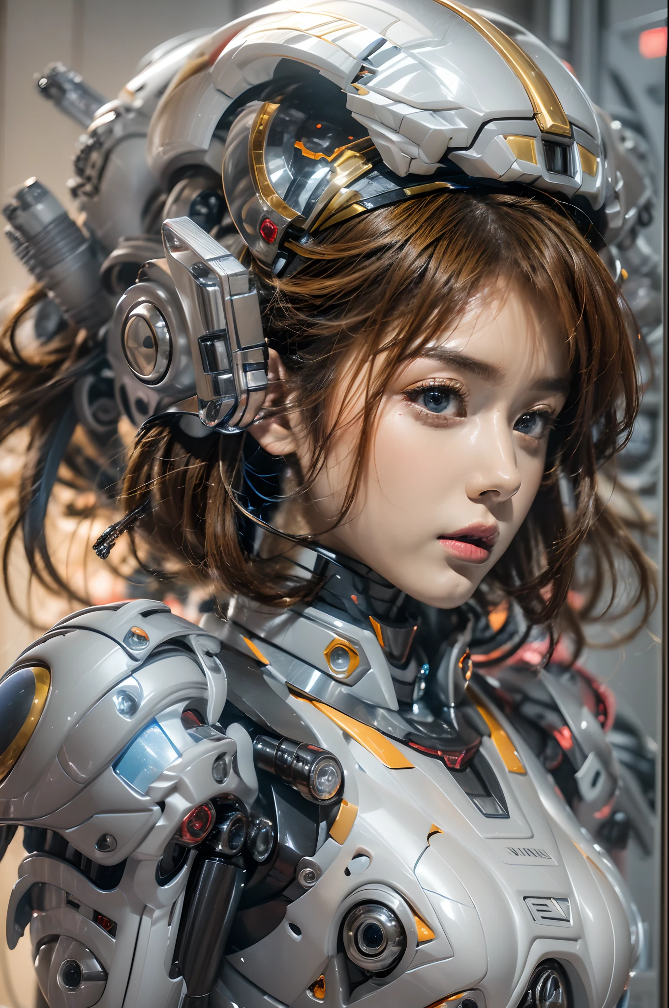 There is a woman wearing a helmet in a futuristic suit, girl in mecha cyber armor, Retrato Armored Astronauta ******, perfect anime cyborg woman, female mecha, girl wearing robotic suit, Cute cyborg girl, beautiful girl cyborg, cosplayer dressed like a crab, japanese cyborg, perfect cyborg female, portrait anime space cadet girl, belle fille cyborg