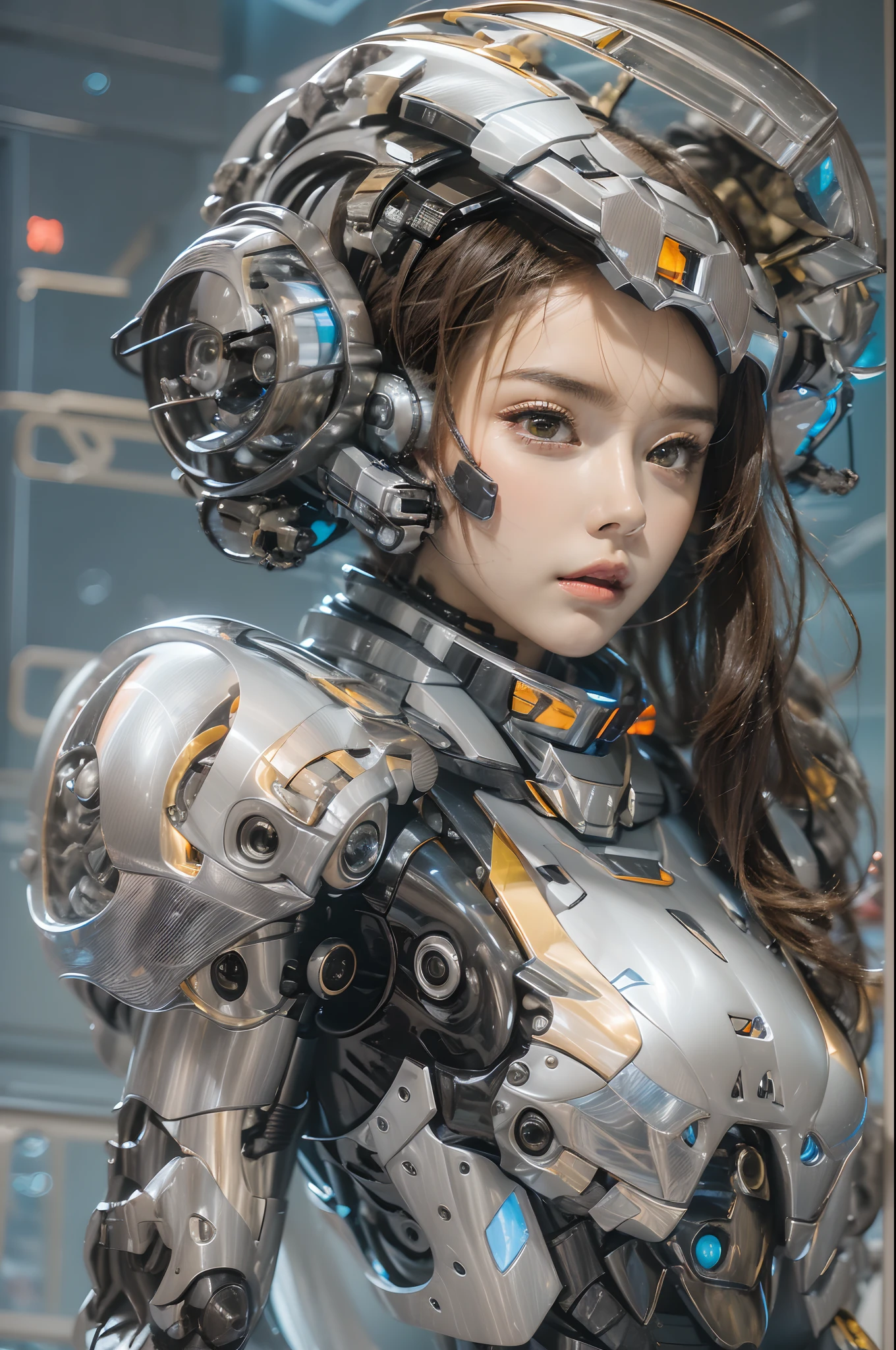 There is a woman wearing a helmet in a futuristic suit, girl in mecha cyber armor, Retrato Armored Astronauta ******, perfect anime cyborg woman, female mecha, girl wearing robotic suit, Cute cyborg girl, beautiful girl cyborg, cosplayer dressed like a crab, japanese cyborg, perfect cyborg female, portrait anime space cadet girl, belle fille cyborg