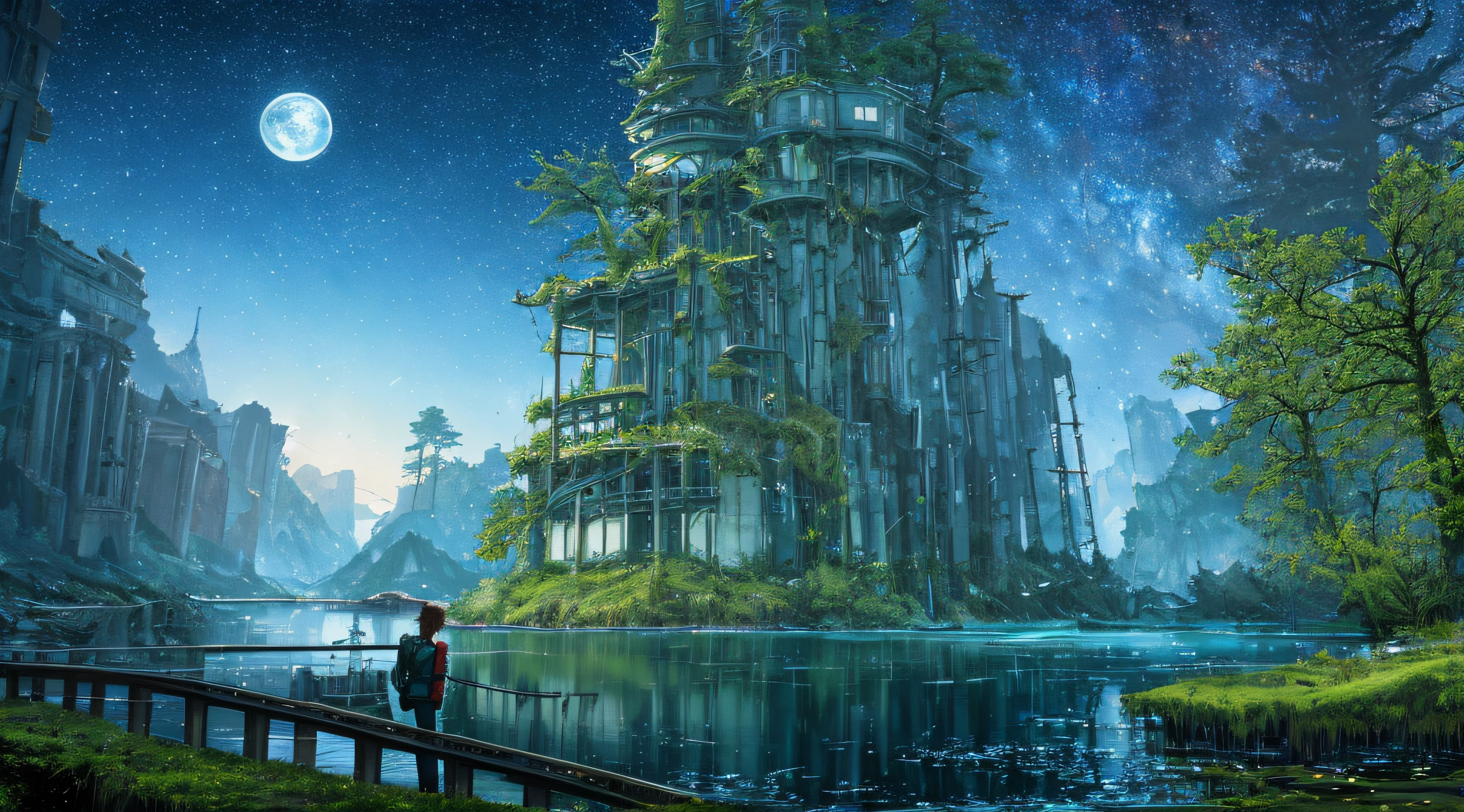 Masterpiece, high detail, 8k resolution, ConceptArt, scenery, water, sky, midnight, trees, stars, galaxy, moon, waterfall, outdoors, (ruined building), nature, river, moss, 1 woman, brunette, ponytail, trousers, a wanderer, fireflies