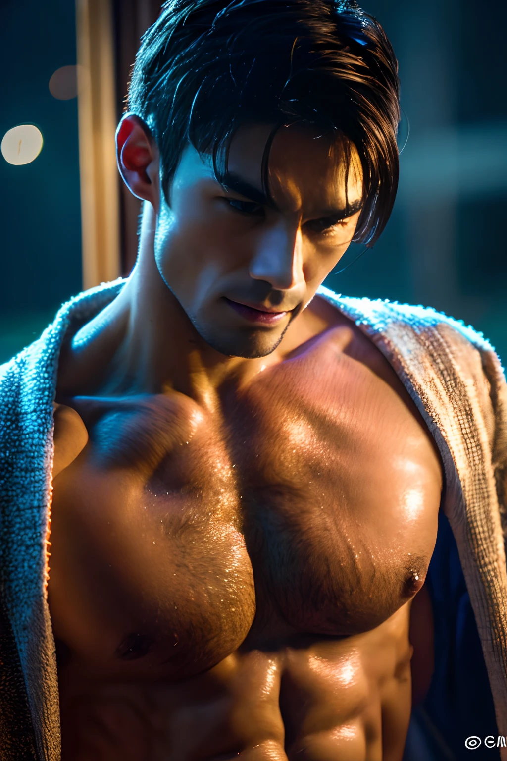 (8K, RAW photo, Highest quality), Realistic, 1 asian man, frontage, Intricate details, Closed mouth, Extremely detailed eyes and eyelashes，Muscular male, Manly,l ooks away, Male focus, Solo, Open the transparent robe，Exposing the pectoral muscles，Exposing abs, full bodyesbian, Night sky, Soft lighting, Cinematic lighting, Portrait, Close-up, Lovingly