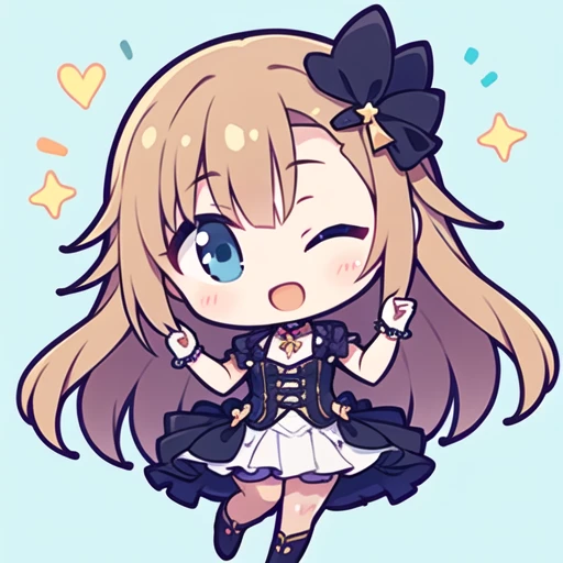 chibi,solo girl,dancing,light brown hair, long hair,curly hair,happy, one eye closed,large chest, light blue eyes,idol costume,pastel blue background
