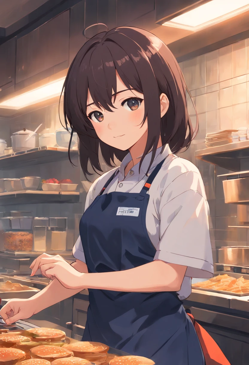 (Dark feeling),((The upper part of the body)),A big woman,(Neat bangs,Long neat hair),Aprons and shirts,A cat holding a gray and white stripe