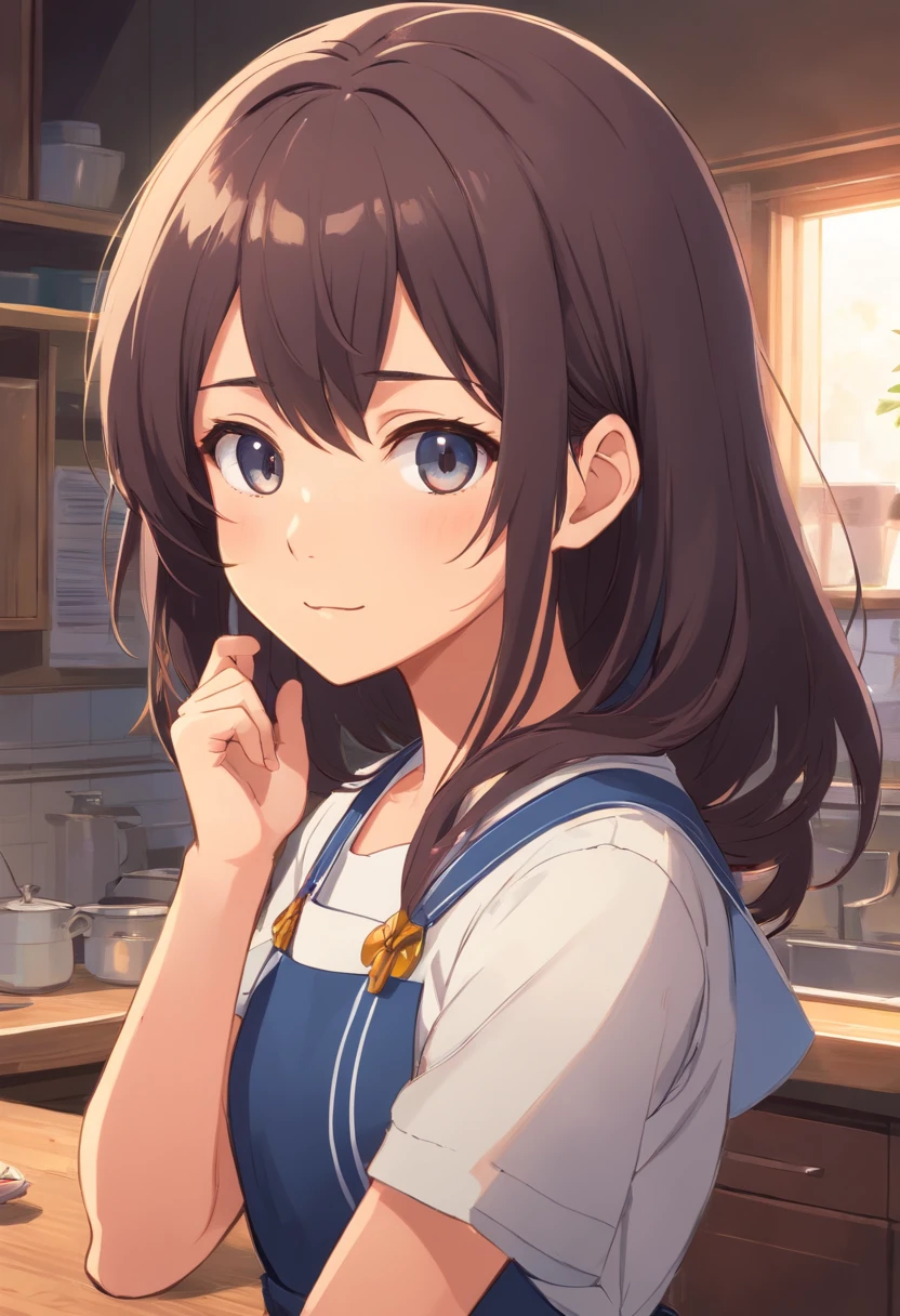 (Dark feeling),((The upper part of the body)),A big woman,(Neat bangs,Long neat hair),Aprons and shirts,A cat holding a gray and white stripe