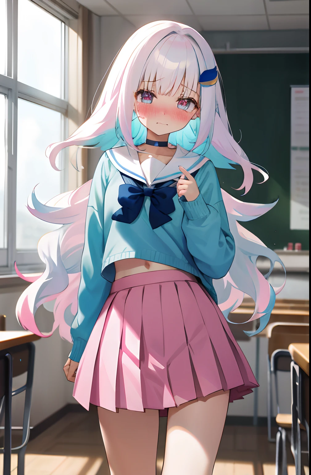 One girl with long wavy hair, white hair, blue inner hair, looking at viewer, embarrassed, blushing, tears, indoor , classroom, light blue cardigan, pink sailor uniform, white shirts, pleated skirt , pink skirt, mini skirt, midriff, slim, dizzy, choker, mid-chest, wide hips, perfect waist, spread legs, day atmosphere, hair ornament, standing, (embarrassed:1.0)