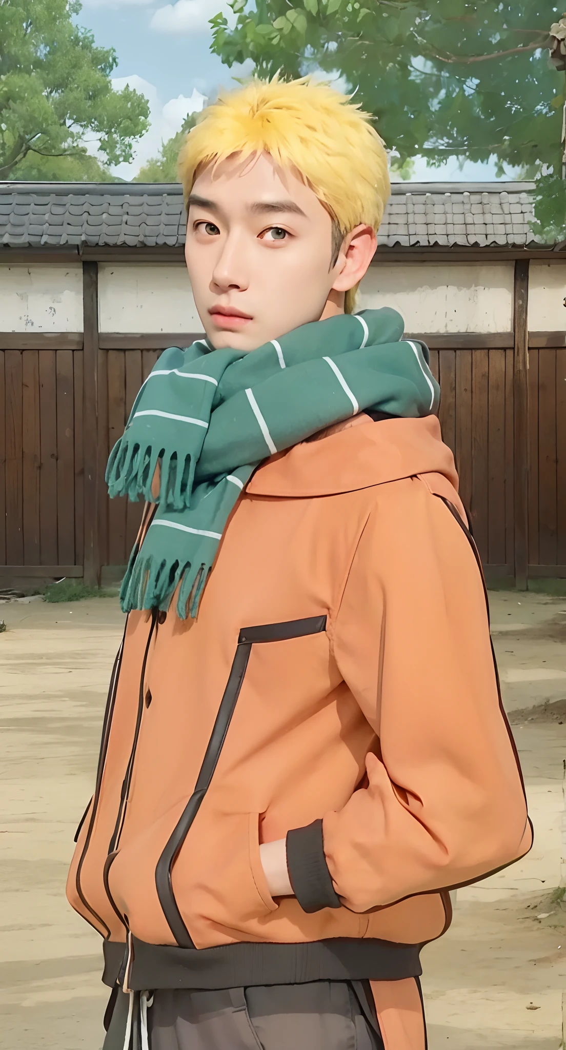 Real life adaption of this character,adult handsome face,realistic same messy hair, (realistic same outfit), realistic same background , realistic light, realistic shadow, realism, hyper realistic,(photorealistic:1.2), realistic same scarf