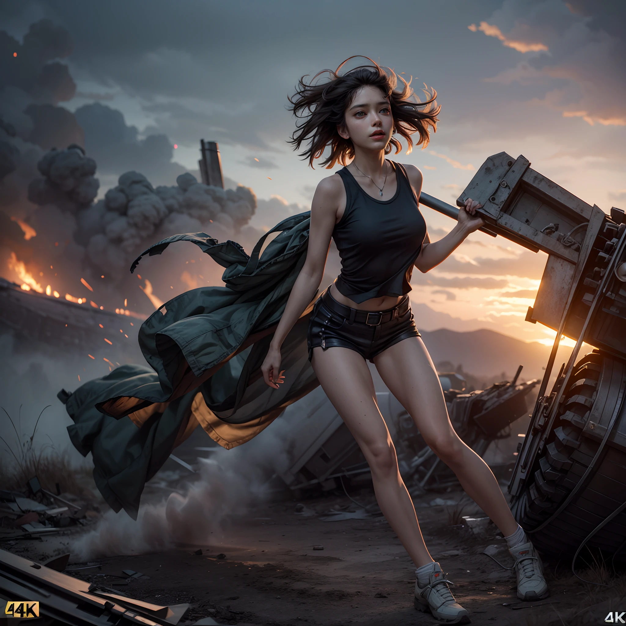 (best quality,4k,high resolution,ultra-detailed,photorealistic:1.37), girls left behind on the battlefield, Whole Body proportions and all limbs are expressed in anatomical precision, Tank tops, ticker, studio lighting, professional, intense emotions, combat scene, warfare, historical drama, heroic actions, filled with smoke, desolate landscape, unity, courage, conflict, devastated by war.