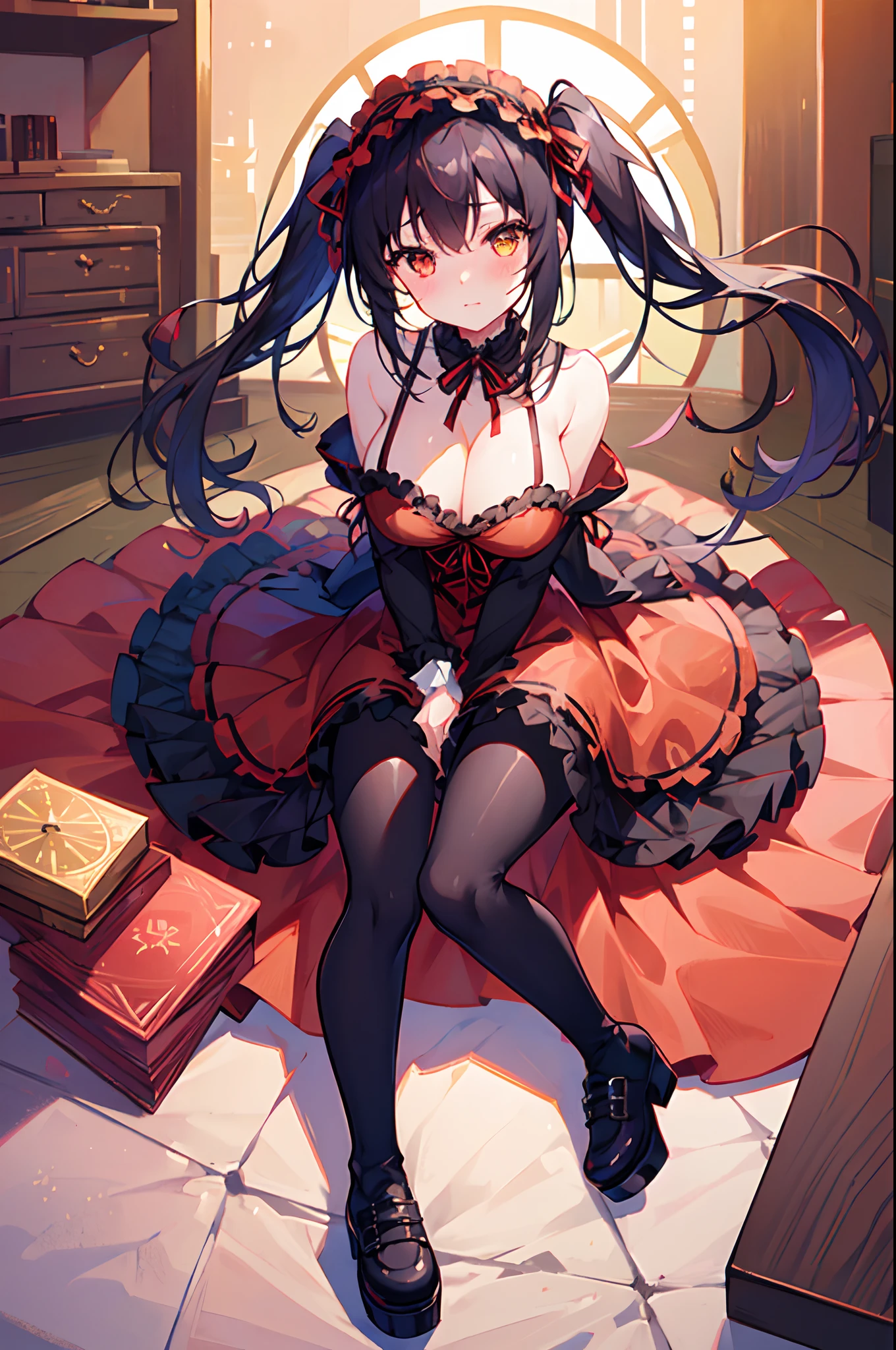 girl with、Shoulders bare、Black hair、long boots、clock eyes、Detached sleeves、frilly dress、frilld、Gothic ta、Loliashion、Lolita HBand、Platform boots、Red dress、Red Eyes、Solo、symbol-shaped pupils、Kurumi Tokisaki、Twin-tailed、Uneven twin tails、Yellow eyes、cleavage of the breast、Super Long Black Tights、Large breasts、Embarrassed look、Sit on the ground、