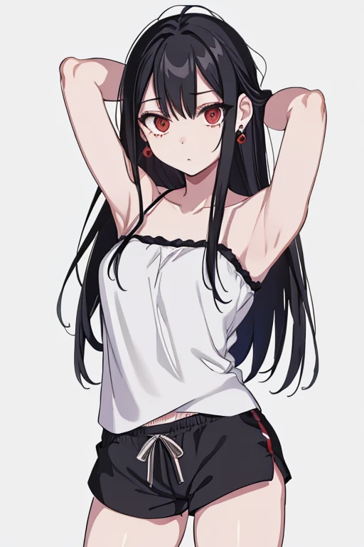 (extremely detailed CG unity 8k wallpaper), (masterpiece), (best quality), (ultra-detailed), (best illustration), (best shadow), (absurdres), 1girl, solo, Chihara, 1girl, solo, black hair, shorts, long hair, looking at viewer, black shorts, arms behind head, contrapposto, spread armpit, camisole, red eyes, breasts, earrings, short shorts,