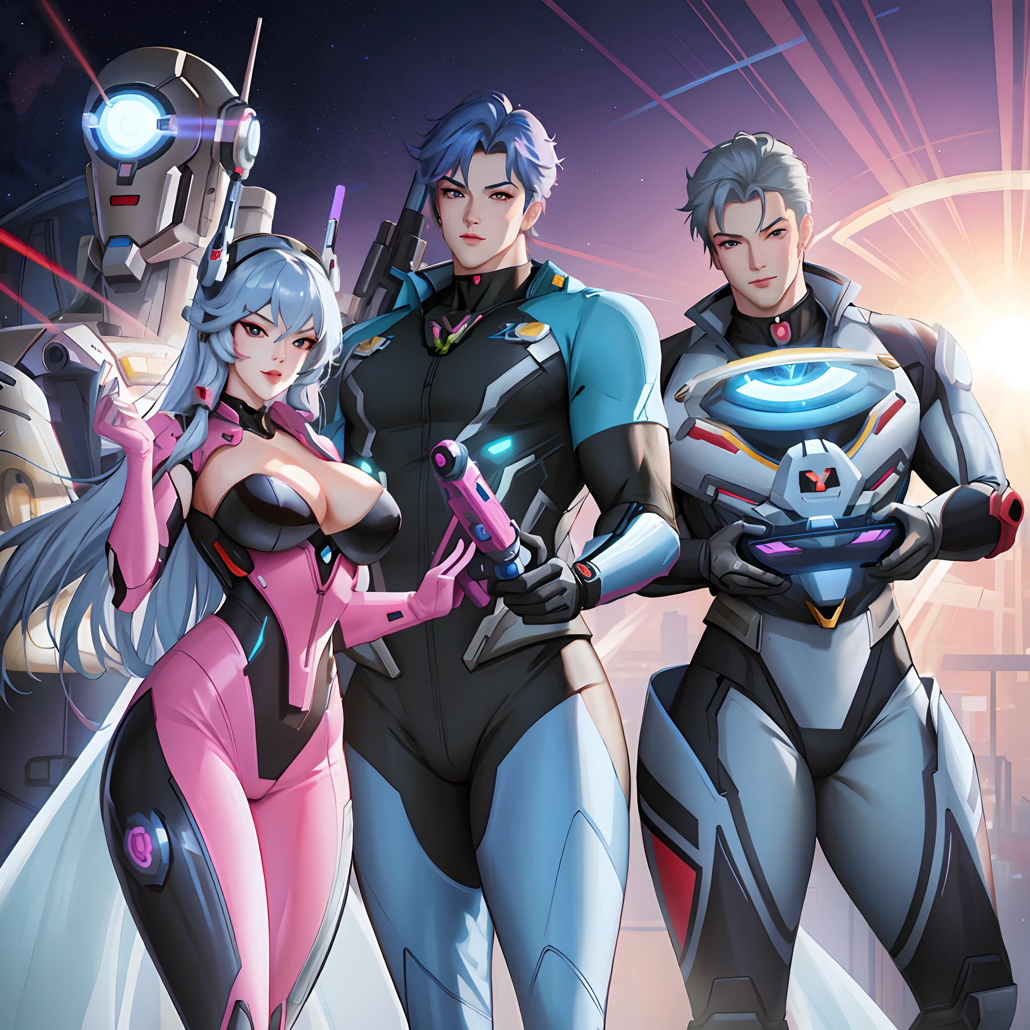 (silly, mr and mrs incredible,  sexy space babes), anime characters in a group pose with a bright background, overwatch fanart, official fanart, cyber universe style, hero 2 d fanart artsation, overwatch style, character art the contra, overwatch art team, promotional art, trigger anime artstyle, from overwatch, digital cyberpunk anime art, commission for high res, range murata and artgerm, official artwork