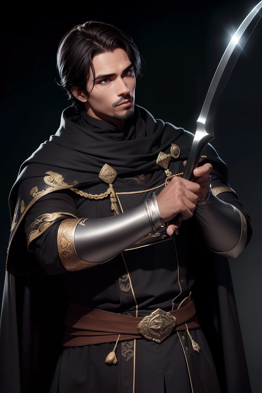 Homem forte de 1,90 de altura,olhos preto,cor de pele preta, with clothes from the Middle Ages,segurando uma espada