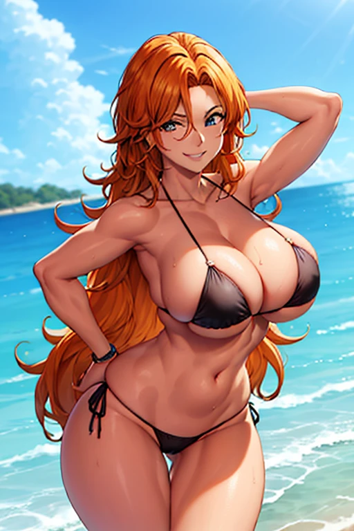 1girl, solamente, Afrodita, orange hair, adornos para el cabello, flores en el cabello, pechos enormes, micro bikini, escote, cuello, pulseras doradas, obra maestra, mejor calidad, colores vibrantes, NSFW, oversized gigantic breast, Mujer completamente madura, blue eyes, Cabello largo, happy face, black bikini, in the beach, (Beautiful_cara:1.5), (estrecho_cintura) cinematic lighting, bust shot, extremely detailed CG unity 8k wallpaper, muscular, smile,