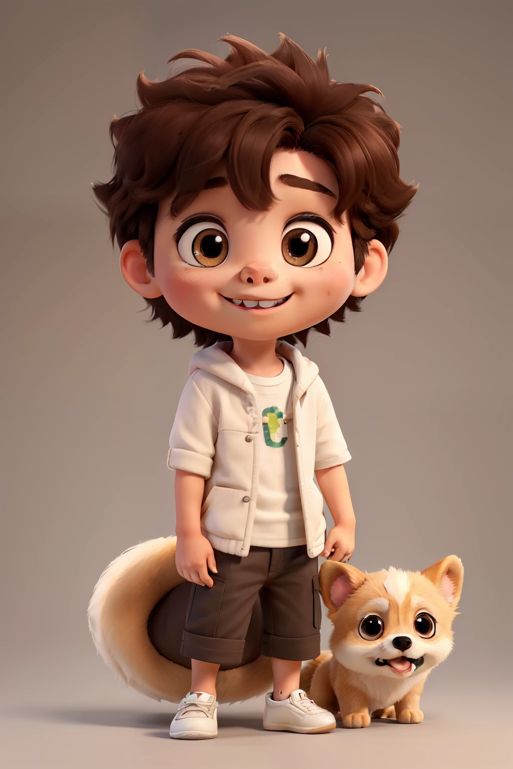 Child boy white brown eyes small thin mouth playing with a Pomeranian Lulu dog