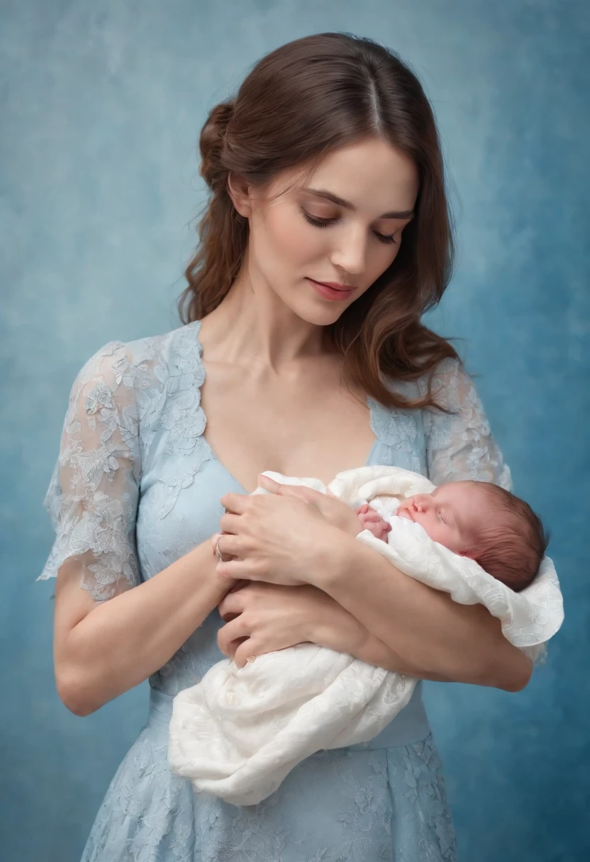 Drawing of a woman holding a cute baby in her arms, Beautiful Art, Bonito painting, Beautiful depiction, rosen maiden, On a blue background, Exact body structure