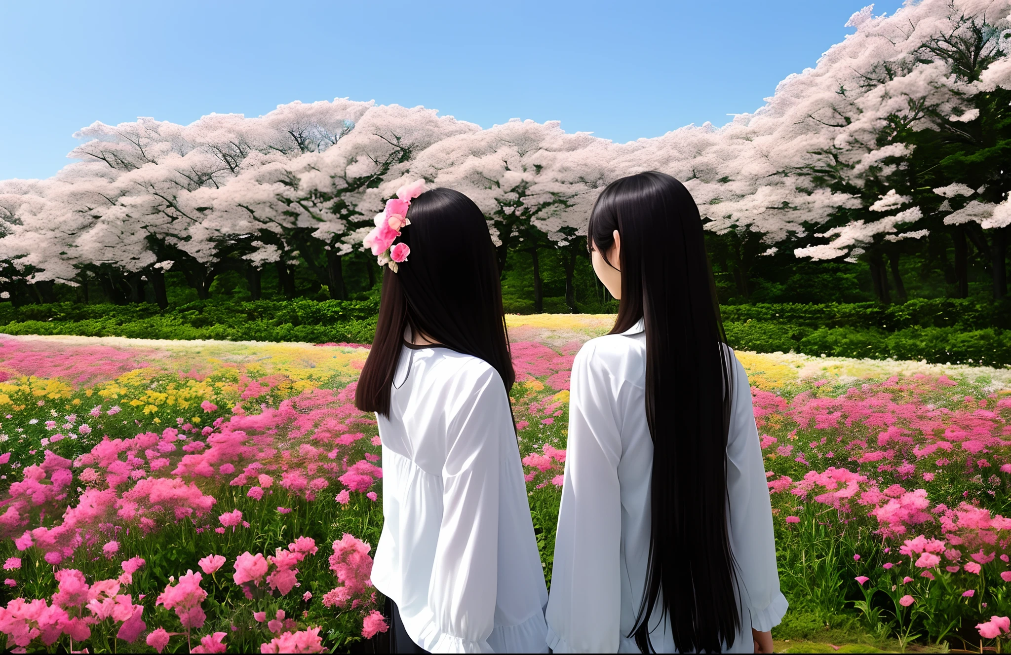Beautuful Women、Rear view、doress、flower field
