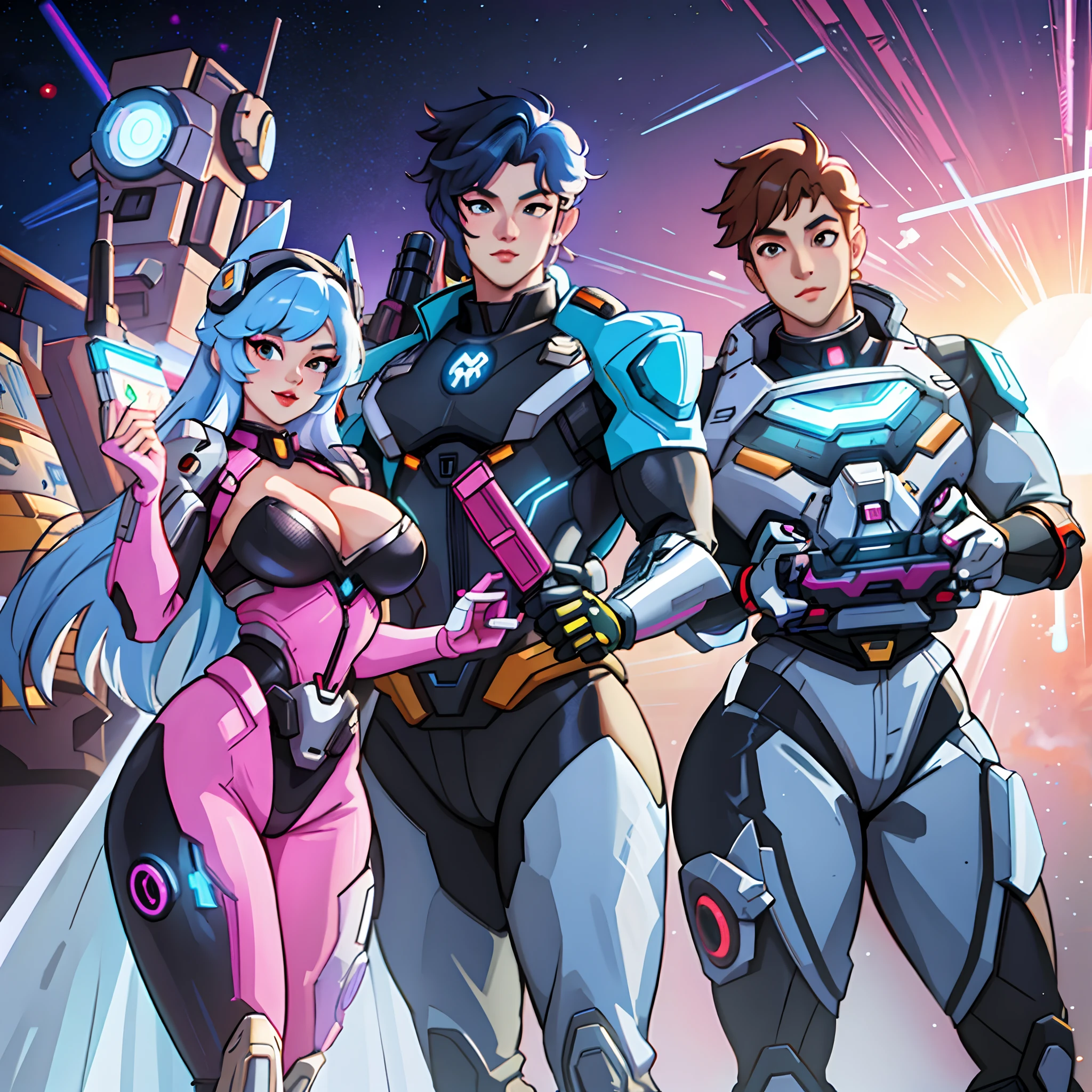 (silly, mr and mrs incredible,  sexy space babes), anime characters in a group pose with a bright background, overwatch fanart, official fanart, cyber universe style, hero 2 d fanart artsation, overwatch style, character art the contra, overwatch art team, promotional art, trigger anime artstyle, from overwatch, digital cyberpunk anime art, commission for high res, range murata and artgerm, official artwork