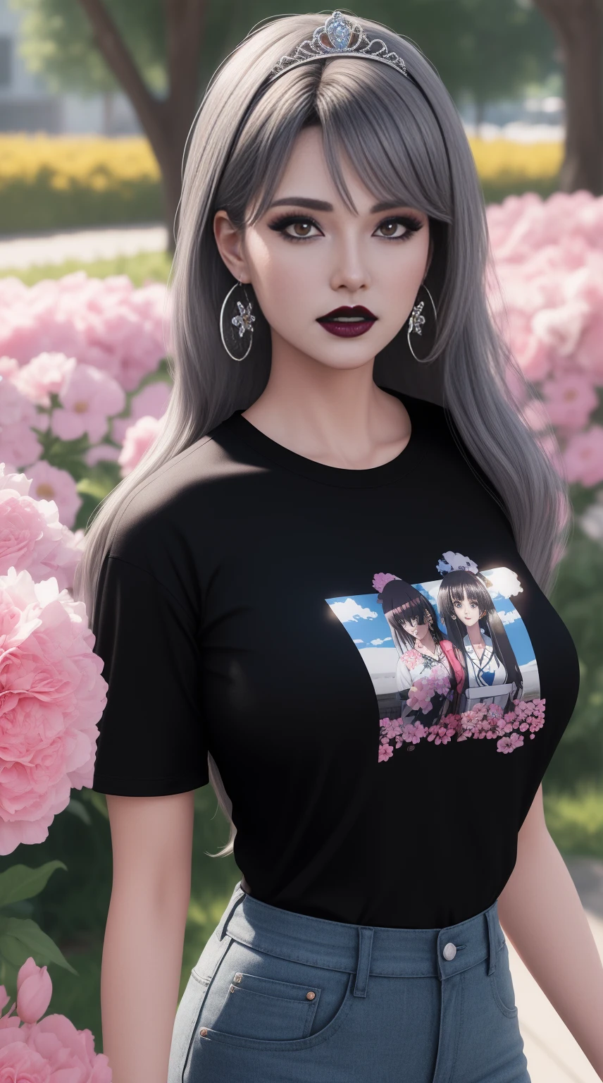 Lisa Ann anime 3d Photorealistc, high quality, silver chest armor, full make up, huge eyelashes, large earrings, Black t-shirt, Dark lips, outdoor, sunlight, flowers on tiara