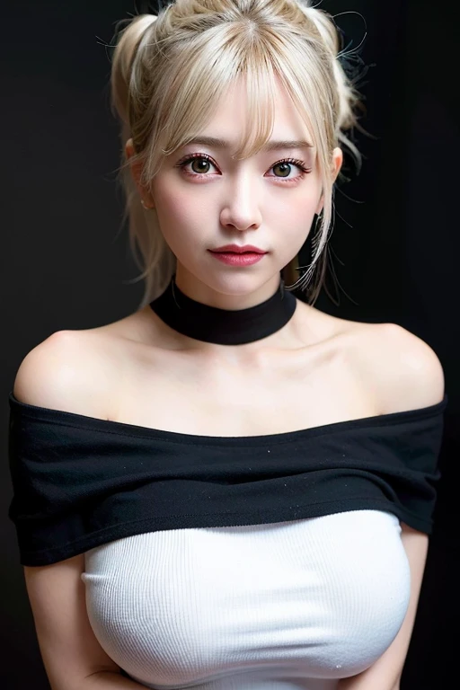best quality, ultra high res, (photorealistic:1.4), 1girl, off-shoulder white shirt, black tight skirt, black choker, (faded ash gray hair:1), (huge breasts:1.2), looking at viewer, closeup ,