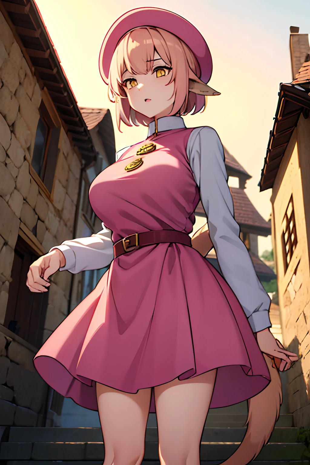 1 girl, demihuman, weasel ears, weasel tail short hair, yellow eyes, pink dress, short skirt, big breast, medieval armor, wool hat.