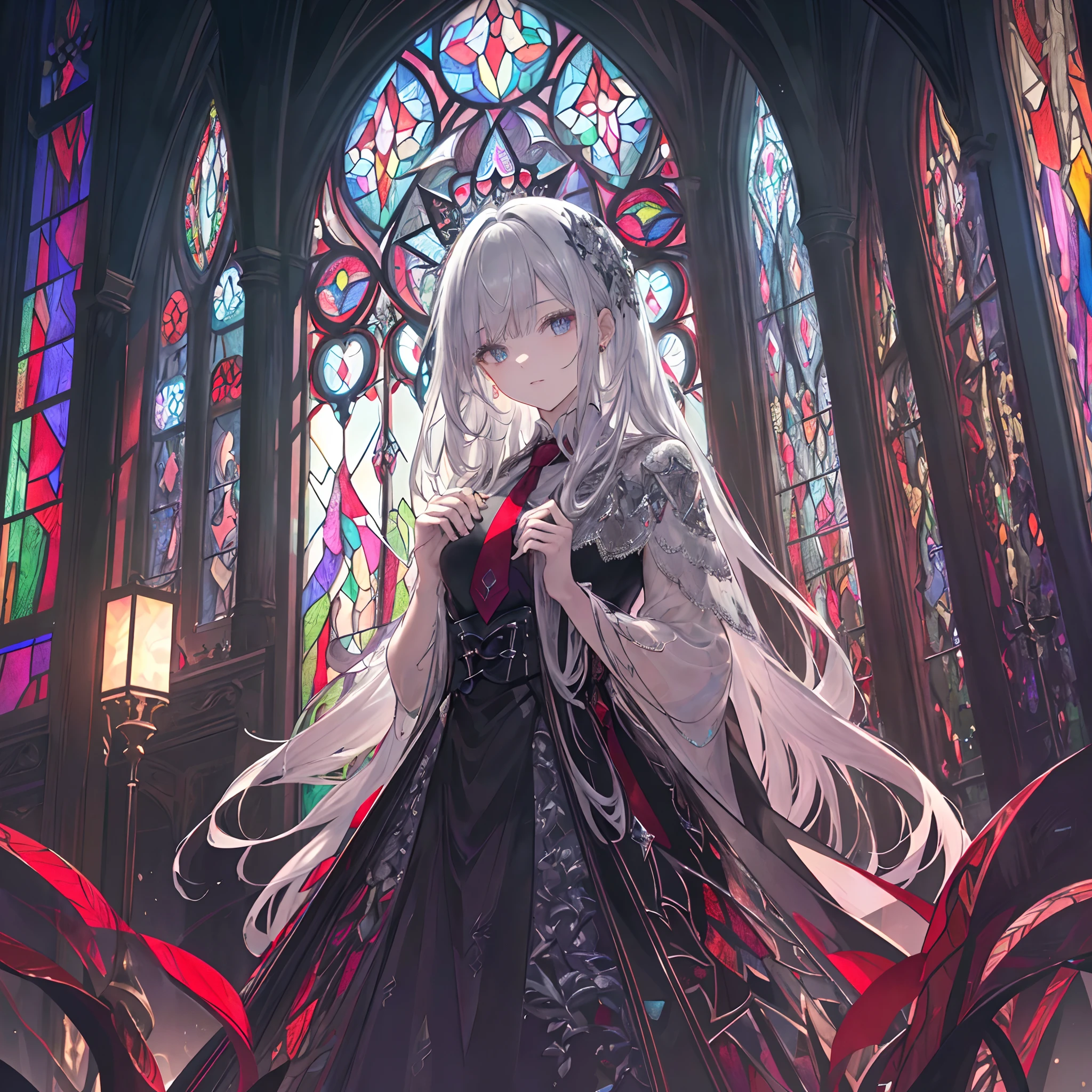 Anime girl in a gothic dress standing in front of a stained window ...