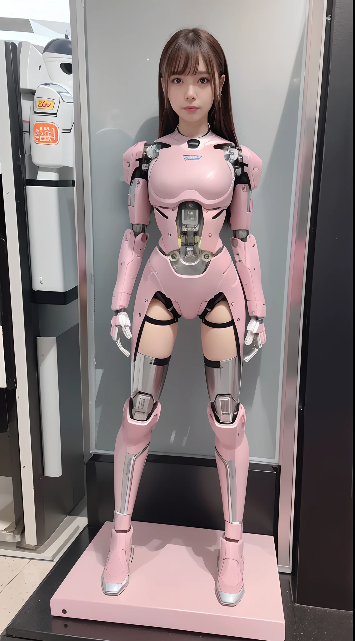 Robot Girl, pink there, Silver, Metallic body, Robot Parts, Metal Parts, Super Detailed Face, Super well-formed face, of the highest quality, a small face, small head, Brown hair, Slender body, Camera gaze, Internal Mechanical Exposure, Idol, front facing, Well-proportioned body, sale, Exhibited, Event Hall, Moe Pose, pink metallic Lolita dress machine armor, Standing with legs open, Model body type, sad, Embarrassing,(Perfect Robot Girl),(Perfect machine body)