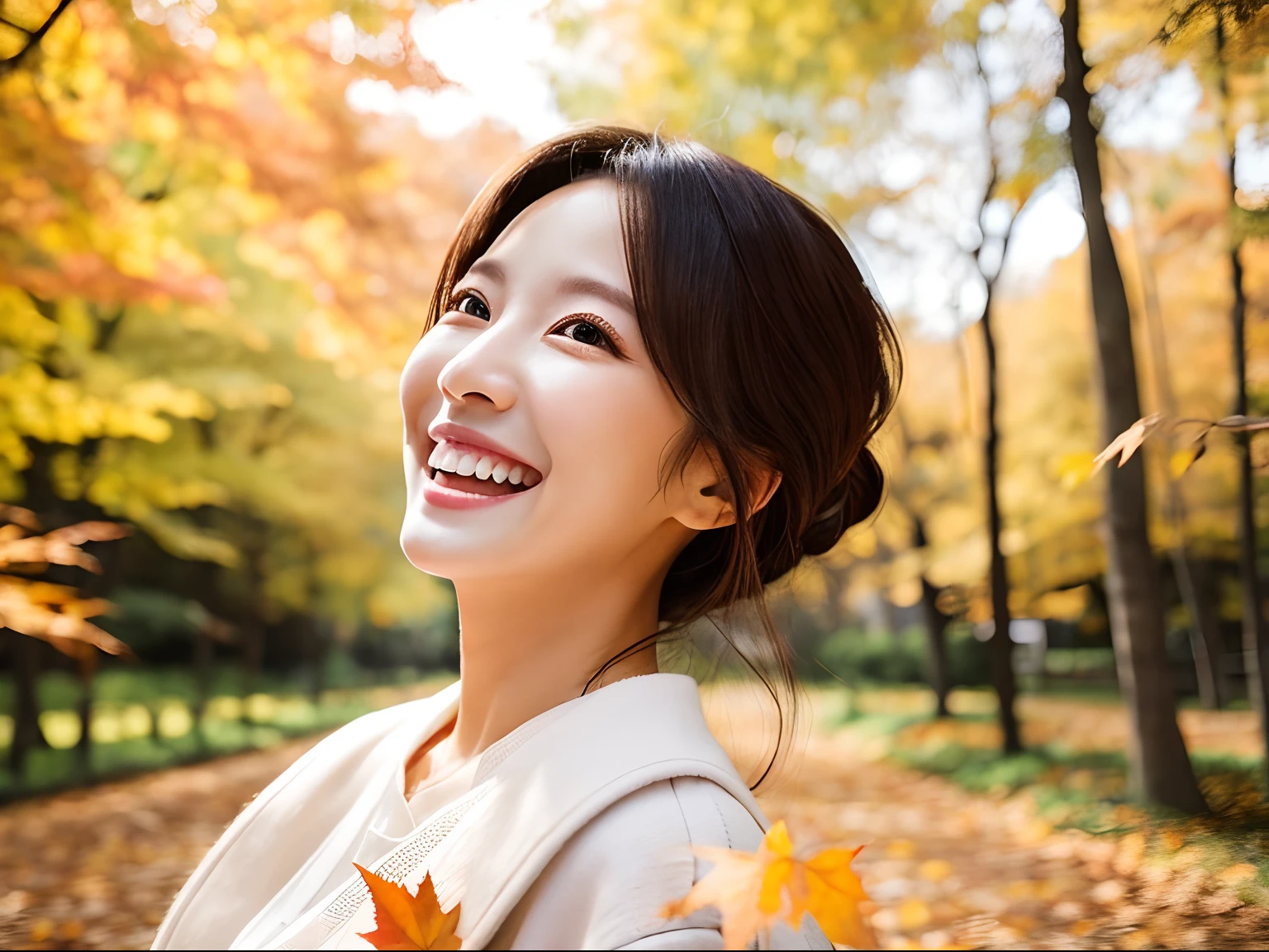 Self Whitening Salon,Instagram Posts,Bright background,Colored leaves,Autumn Park,Nice smile,Impressive white teeth,unclear,Natural atmosphere,Beautiful fece,A Japanese Lady,bustup