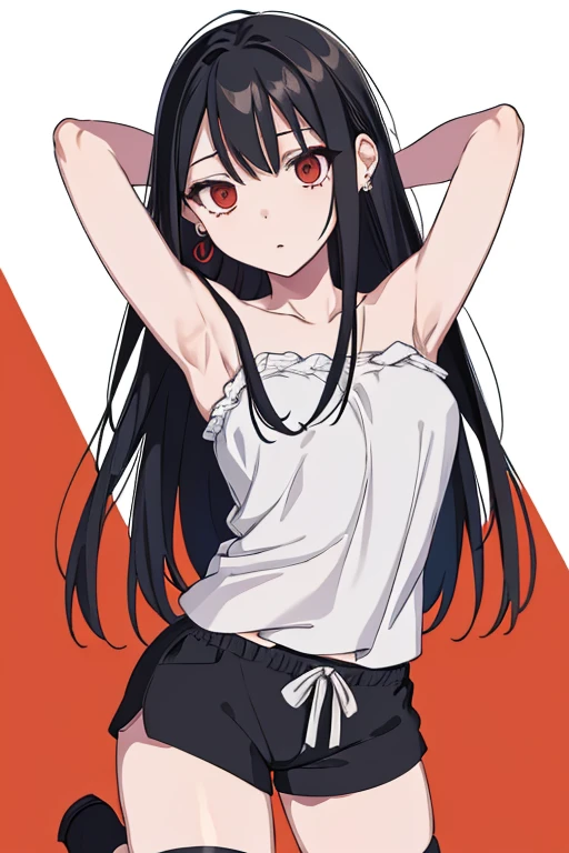 (extremely detailed CG unity 8k wallpaper), (masterpiece), (best quality), (ultra-detailed), (best illustration), (best shadow), (absurdres), 1girl, solo, Chihara, 1girl, solo, black hair, shorts, long hair, looking at viewer, black shorts, arms behind head, contrapposto, spread armpit, camisole, red eyes, breasts, earrings, short shorts,