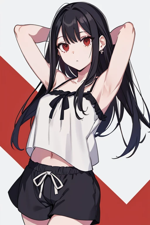 (extremely detailed CG unity 8k wallpaper), (masterpiece), (best quality), (ultra-detailed), (best illustration), (best shadow), (absurdres), 1girl, solo, Chihara, 1girl, solo, black hair, shorts, long hair, looking at viewer, black shorts, arms behind head, contrapposto, spread armpit, camisole, red eyes, breasts, earrings, short shorts,