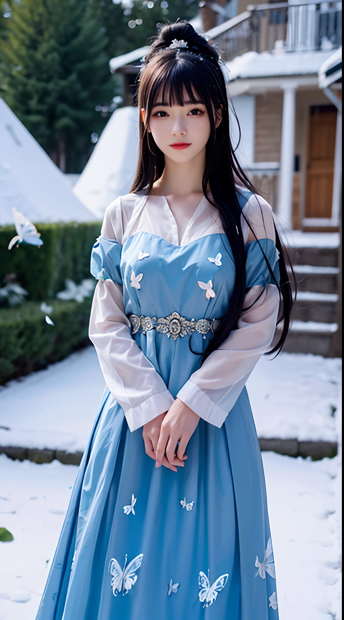 Realistic,Photorealistic,Masterpiece,1girll, Black hair, dress, Butterfly, bugs, Long hair, hair adornments, hair-bun, Solo, Snow, nevando, Blue dress, flower