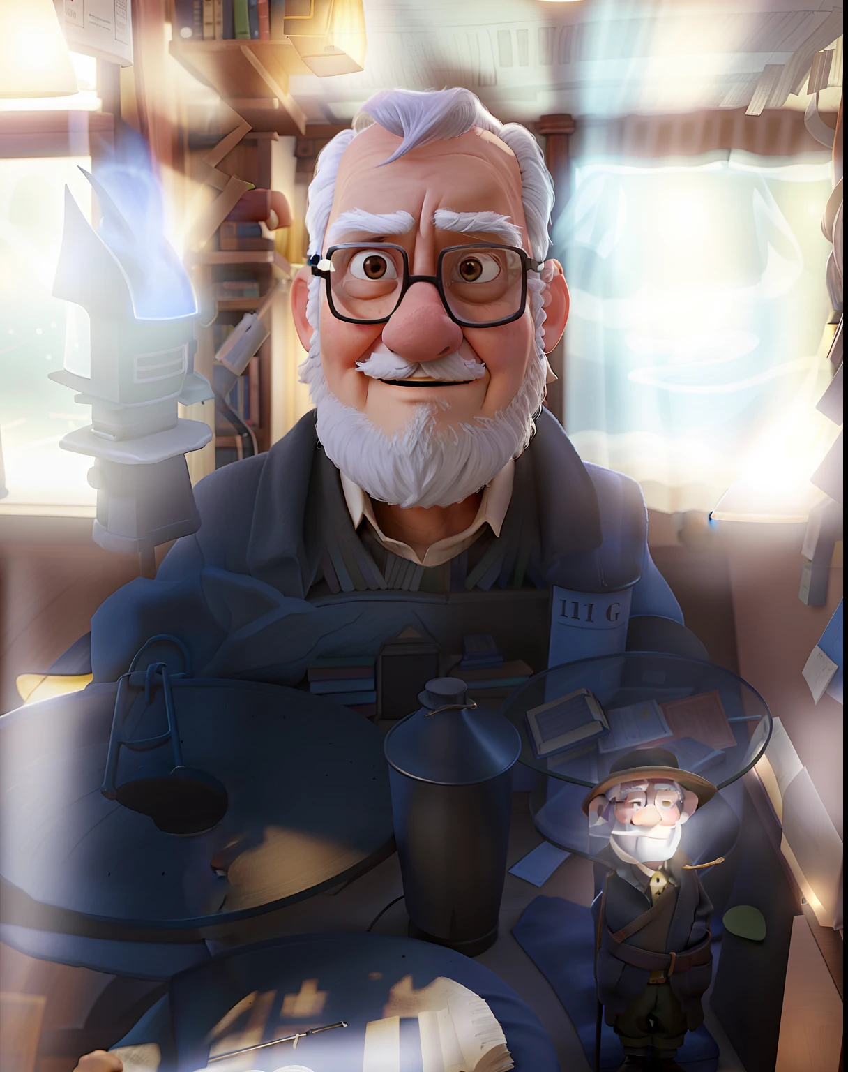 A wise old man standing in front, illuminated by the light of a lamp, against the backdrop of a library