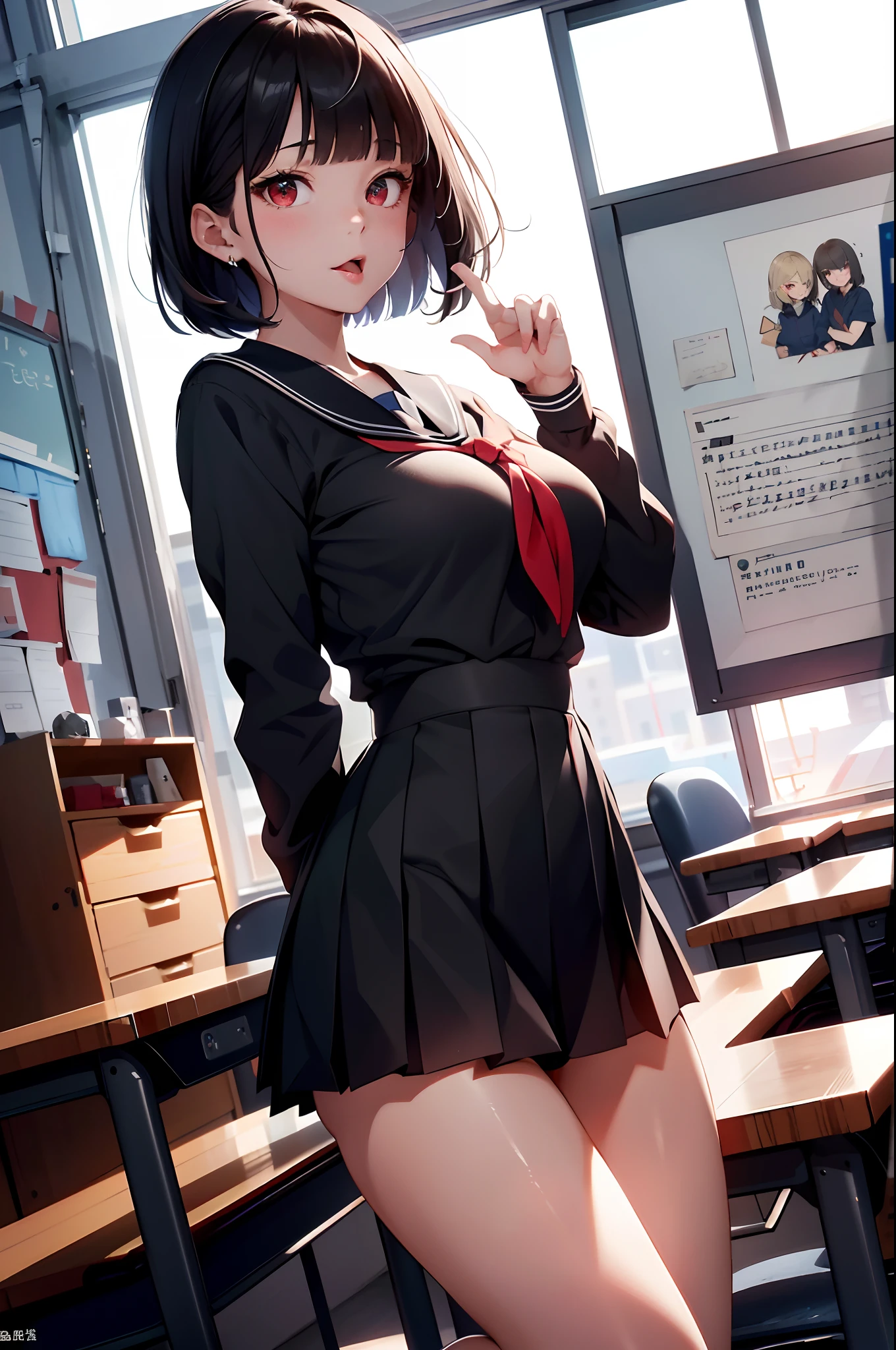 (top-quality、in 8K、32K、masterpiece、nffsw、超A high resolution、Impresionismo、Photorealsitic:1.2)、Colossal tits、cowboy shot, detailed faces and eyes、 Inside the classroom、Schools、Evening glow、beauitful face、blurry backround、16-year-old beautiful girl、shinny skin、bob cuts、Beautiful black hair、Blunt bangs、Red Eye、(Katyusha:1.2)、a sailor suit、Pleated miniskirt、Curve、Stand on one knee、(I can see panties:1.2)、Opening legs、(Tongue out)
