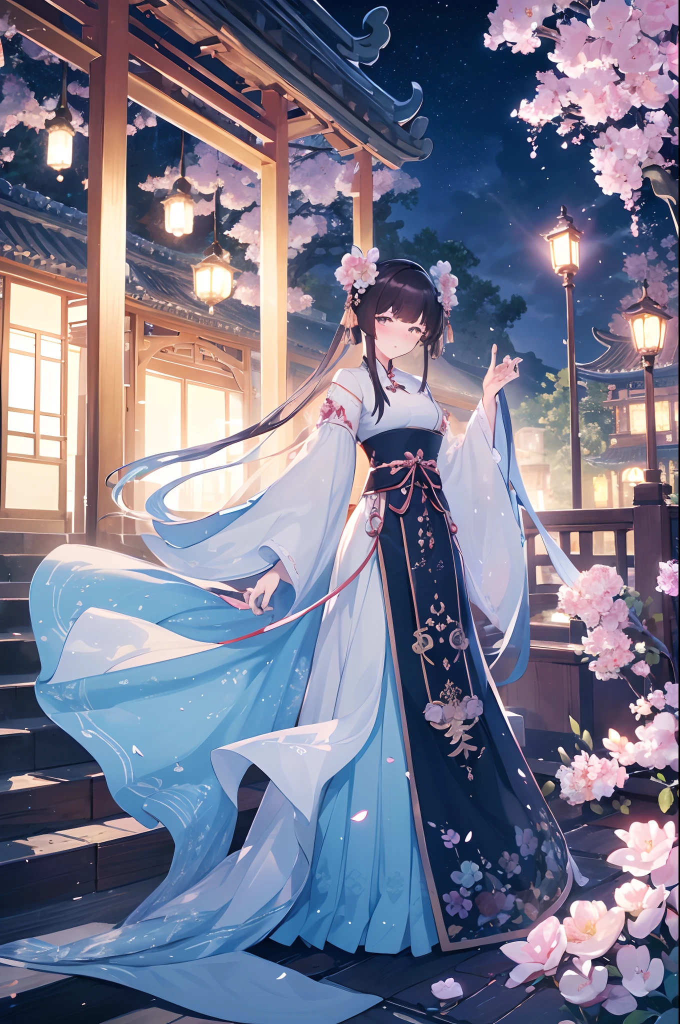 (Best quality,A high resolution,Clear image:1.2),Ultra-detailed background,Aesthetic women standing,Chinese style clothes,Delicate petals,Garden scene,Under the moonlight,Romantic atmosphere,Dutch Angle Shot,Soft lighting,shelmet