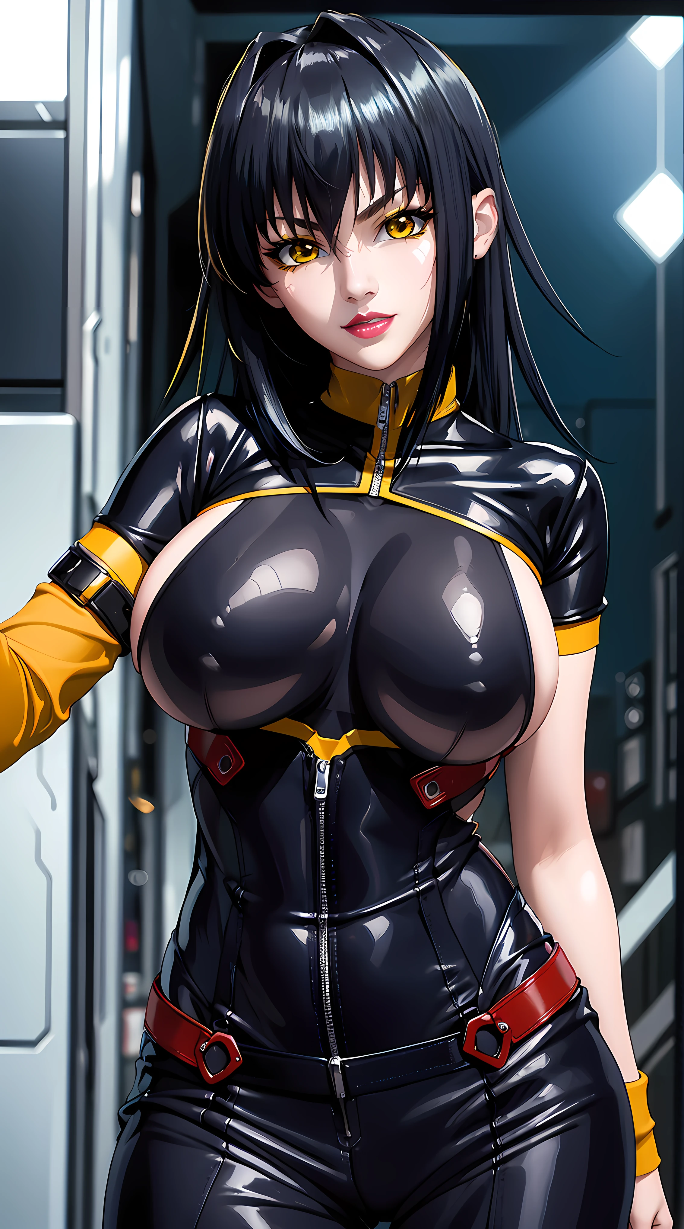 professional artwork, Intricate Details, field of view, sharp focus, detailed painting, photorealistic lighting, trending on pixiv, (masterpiece:1.0),(best_quality:1.0), ultra high res,4K,ultra-detailed, photography, 8K, HDR, highres, absurdres:1.2, Kodak portra 400, film grain, blurry background, bokeh:1.2, lens flare, (vibrant_color:1.2),
(Annerose:1), 1girl, female mature, (black hair:1.4), long hair, yellow eyes, large breasts, top bodysuit, shiny clothes, skin tight, hair intakes, covered breasts, pose invited, looking at viewer, sideboobs, happy, smirk, short pants,
simple plain white background, (solo:1.5),
