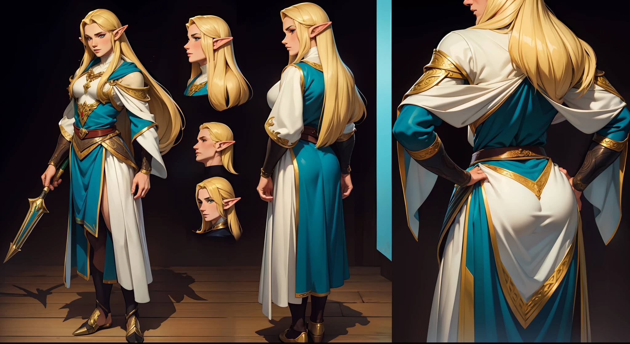 ((Masterpiece, Highest quality)), Detailed face, character design sheet full bodyesbian, Full of details, frontal body view, back body view, Highly detailed, Depth, Many parts, 40 year handsome old elf, pale skin, blonde hair, abino skin, long straight hair, marksman