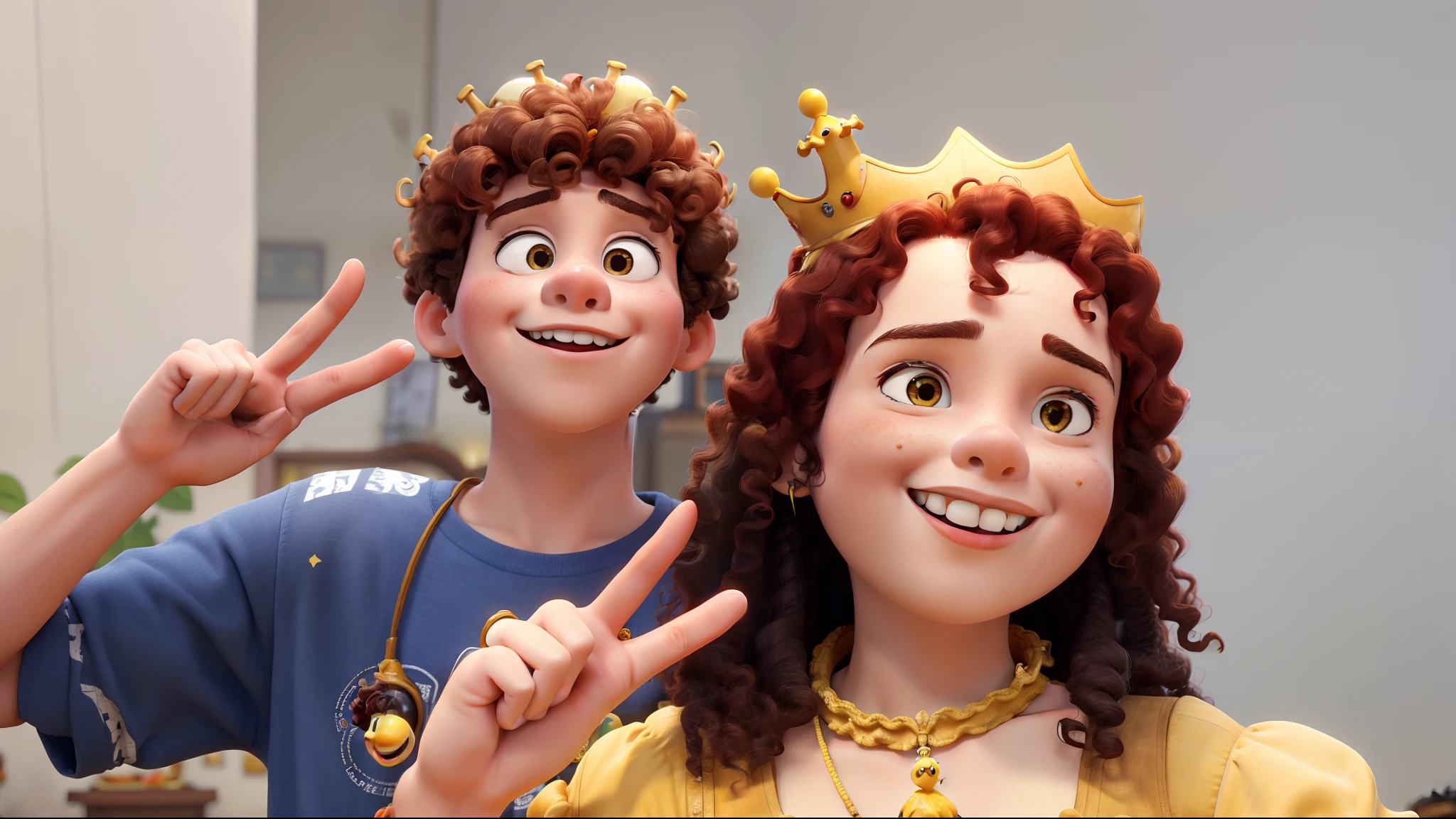 masterpiece, of best quality, A couple with a boy with red curly hair, A yellow pepel crown on his head, and a girl with very black curly hair, A yellow pepel crown on his head