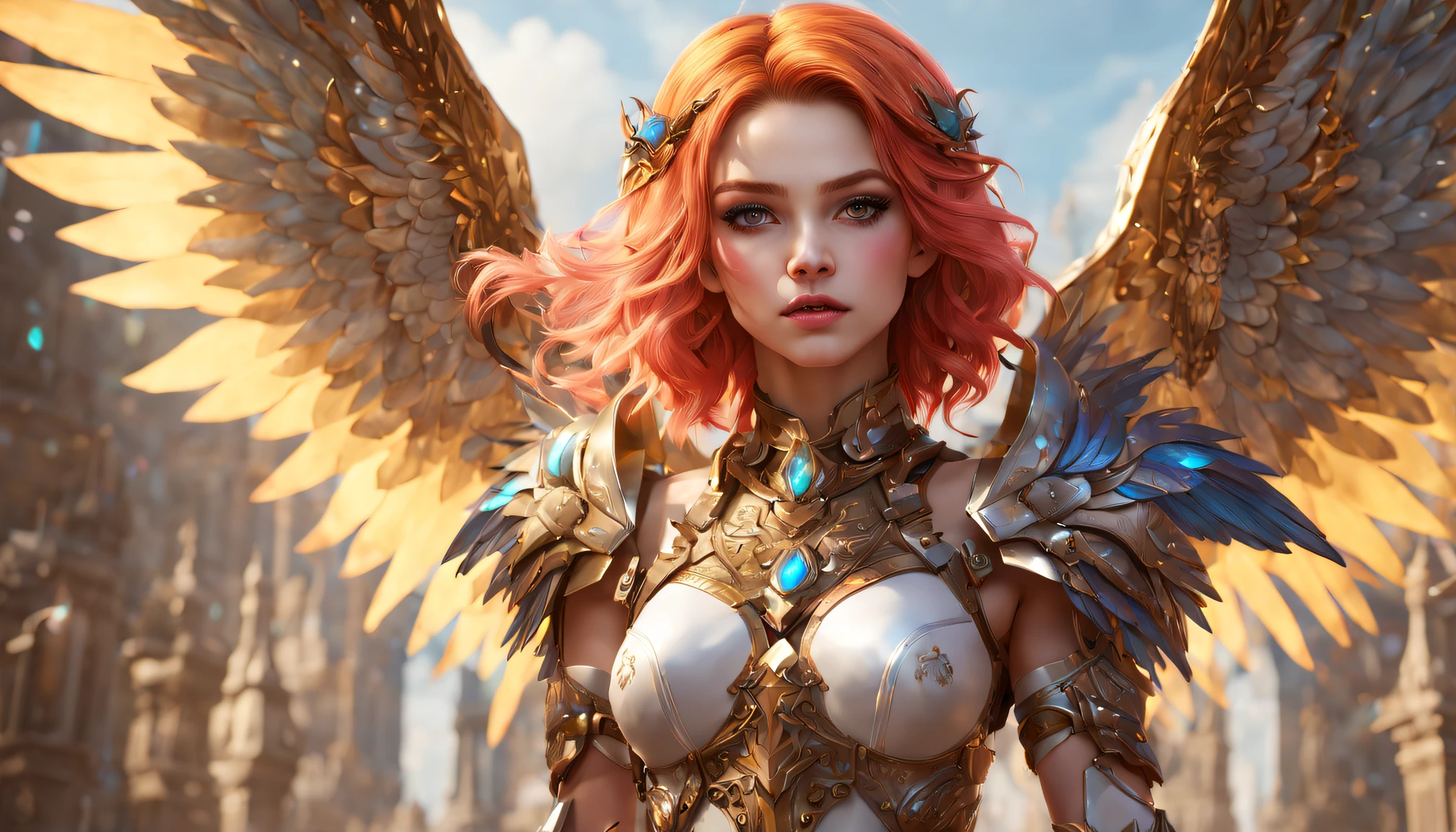 Extremely detailed CG Unity 8k wallpaper, masterpiece quality, rich details, fascinating, beautiful and cleaned face, floating (1 girl), unique colorful hair, sultry lips, (looking directly at the camera), (moderate milk), (1 girl) dressed (gorgeous armor, intricate detailed wings), holding a dagger, mythical architectural background.