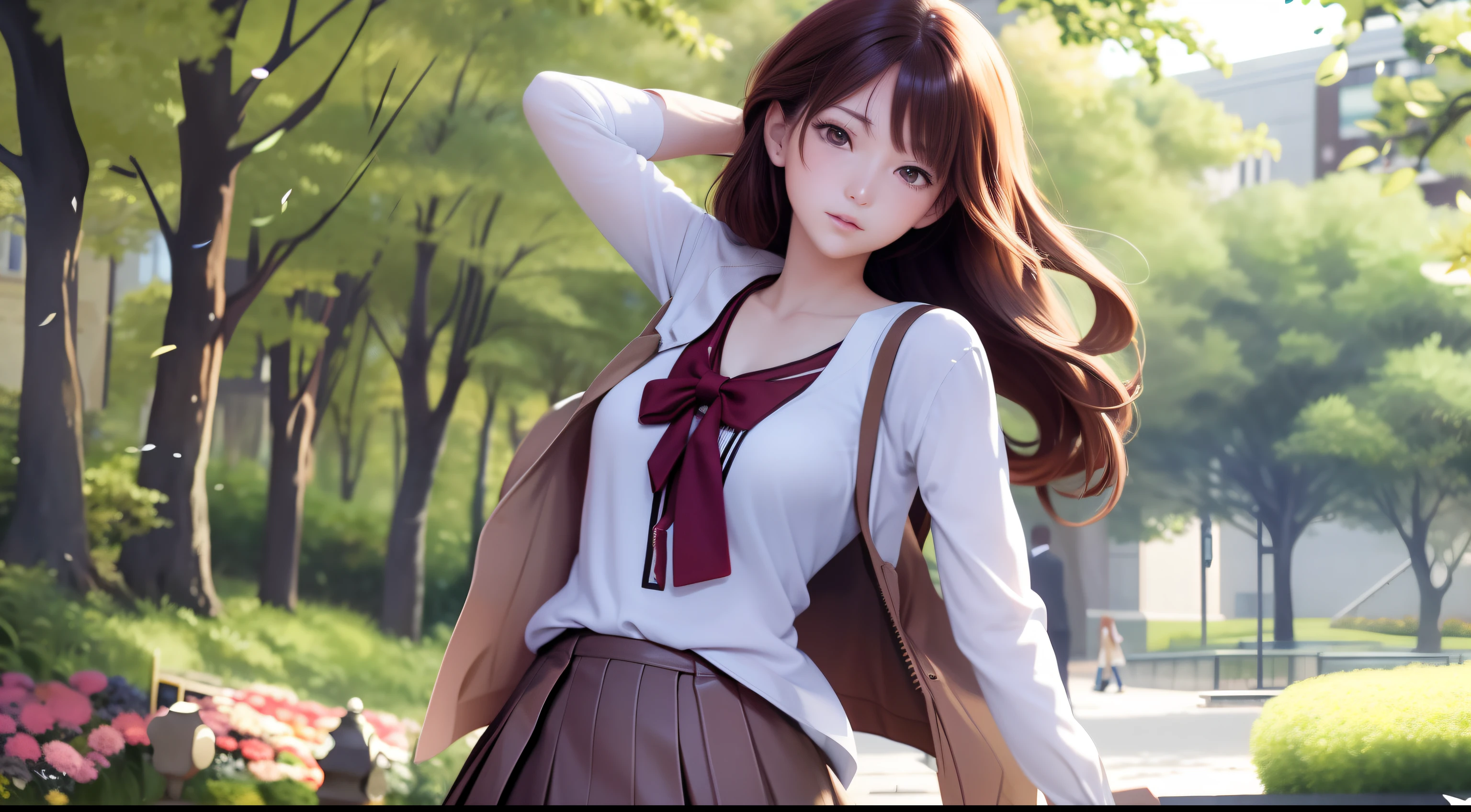 Anime girl in brown skirt and white shirt in the park, beautiful anime high school girl, Beautiful anime girl, charming anime girls, Anime Girl with Long Hair, realistic young anime girl, pretty anime girl, Cute anime girl, young anime girl, (Anime Girl), Anime Girl, 🍁 Cute, beautiful anime woman, Portrait Anime Girl, an anime girl