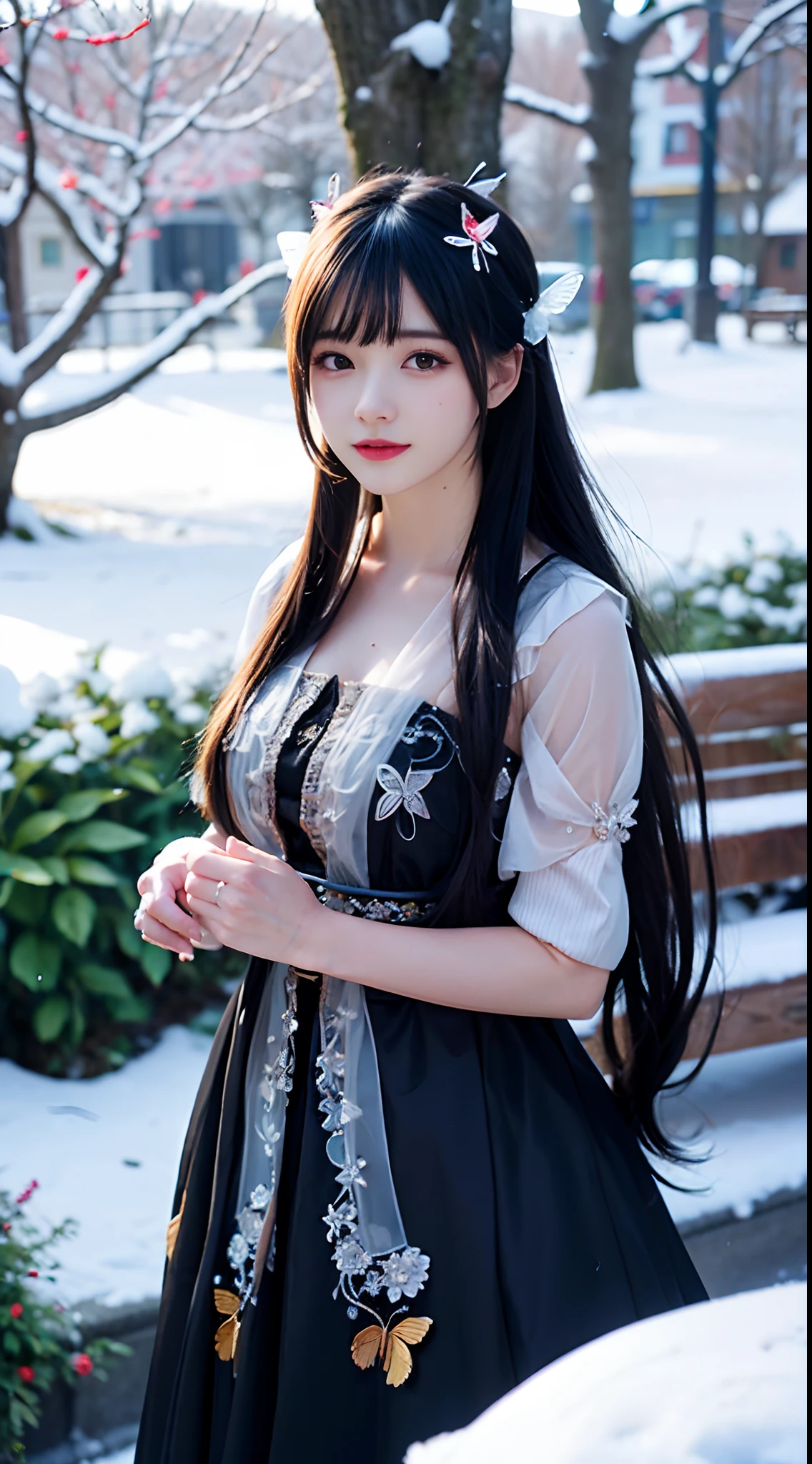 Realistic,Photorealistic,Masterpiece,1girll, Black hair, dress, Butterfly, bugs, Long hair, hair adornments, hair-bun, Solo, Snow, nevando, Blue dress, flower