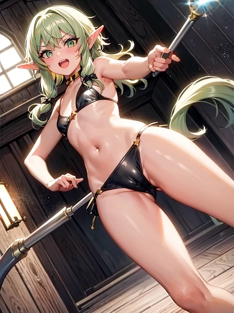 Best Quality, masterpiece, ((Solo, 1girl)), high elf archer, fine detailed shiny eyes, small chest, high resolution, best lighting, extremely detailed illustrations, blush, embarrassed, smile, open mouth, crotch seam, cameltoe, day, dripping wet, no panty, very NSFW, female masturbation,cum everywhere, very small bikini, view from behind, butt visible, tiny string bikini, small t-back bikini, bikini wedged in butt, no top, very hot,