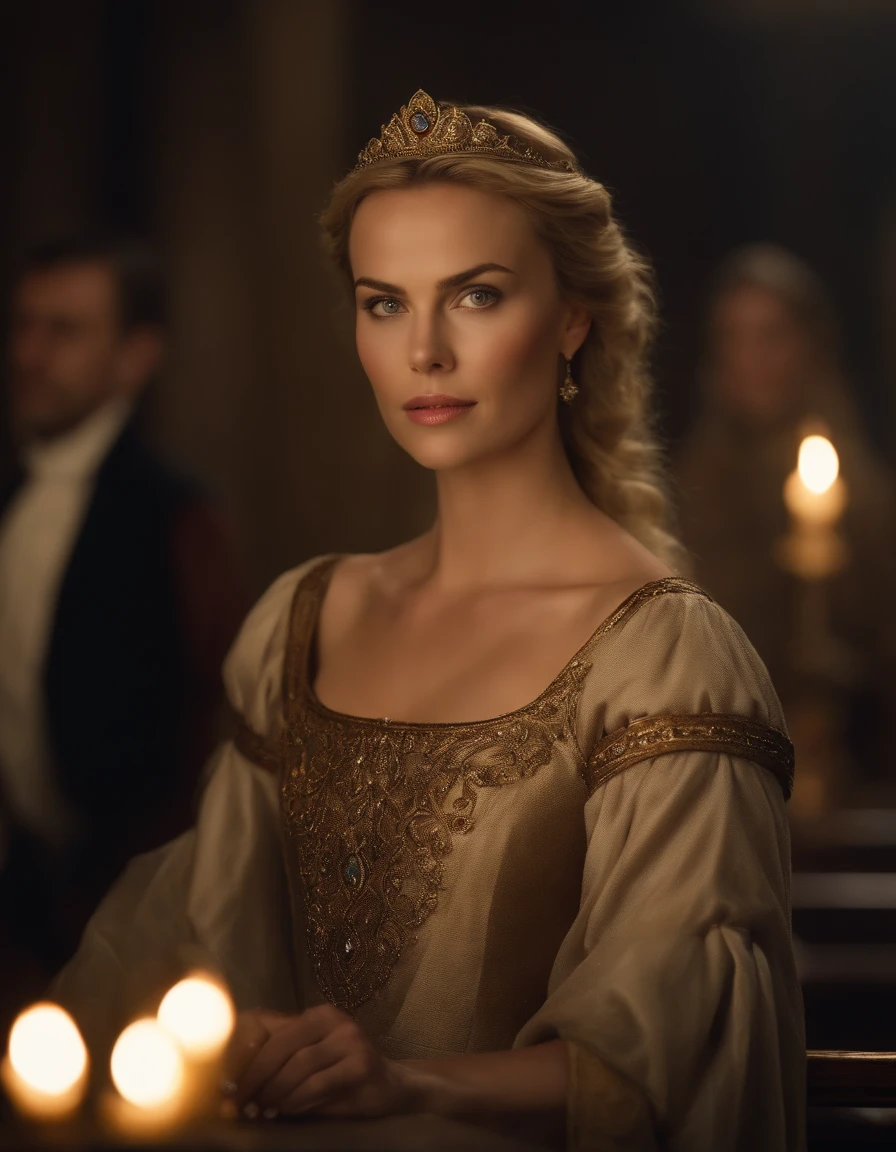 Cinematic portrait, ((medium body)), facing the audience, (Reality :1.3), the world's most beautiful artwork photo, a 20 years young charlize theron like Brook Shields smiling looking into the camera, European medieval court golden metalic dress, gorgeous, soft gauze, detailed beautiful face, light blond haired girl, with red rose hairpin on the side , action shooting, (intricate :1.4), medieval court background, Photo realistic, CG, art station