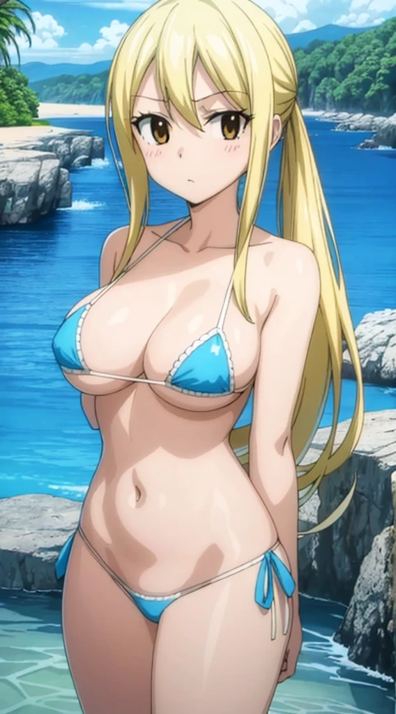 masterpiece, best quality, ultra-detailed, illustration, 1girl,  looking at viewer, cute, micro bikini, seascape, beach, sand,  large breasts, lucy heartfilia, yellow hair, long long hair, brown eyes, beautiful detailed eyes, beautiful detailed glow, lots of glow, embarrassed, cowboy shot, anime screencap,