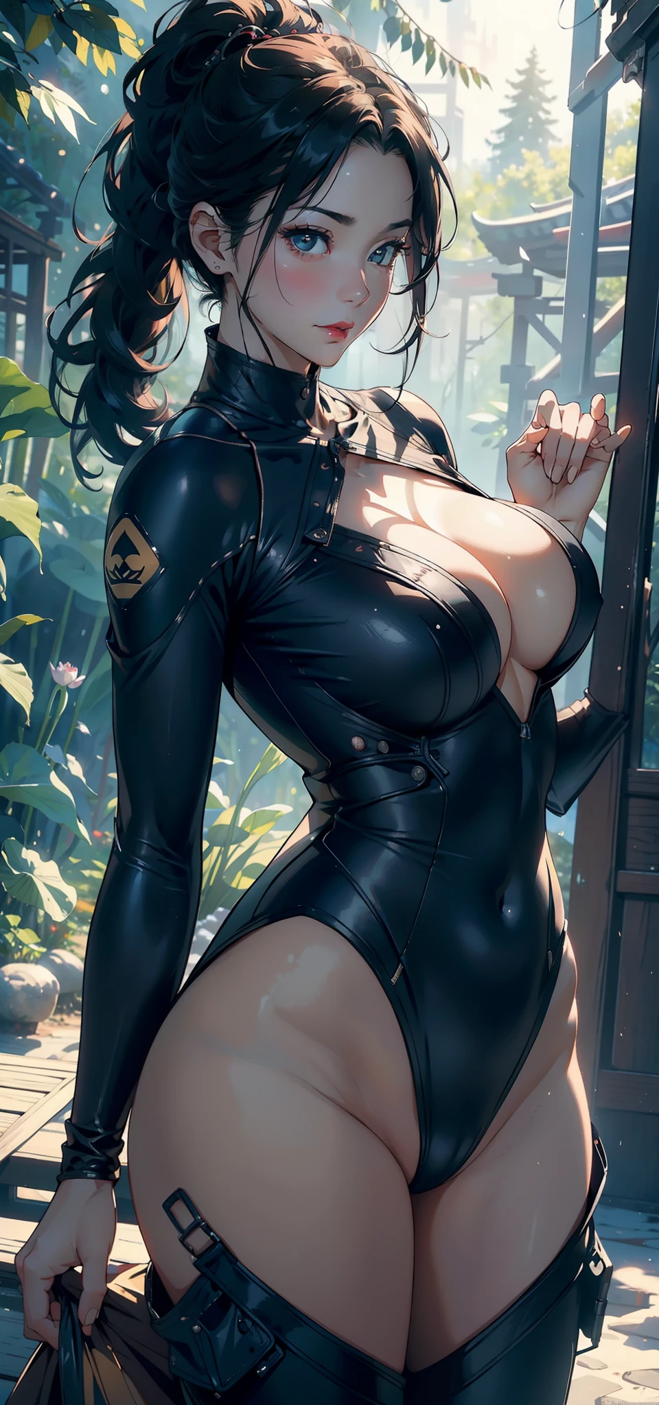 1female,45 yers old,Married Woman,熟妇,mature,plumw,extremely large bosom,Big breasts Thin waist,long leges, 独奏,(Background with:ln the forest,lotus flower,ponds) She has short black hair,bobo head,,seen from the front, Stand deep in the forest, mostly cloudy sky,(((tmasterpiece),(Very detailed CG unity 8K wallpaper),best qualtiy,cinmatic lighting,detailed back ground,beatiful detailed eyes,Bright pupils,Black eyes,Snow-whiteskin,Redlip(Very fine and beautiful),(Beautiful and detailed eye description),ultra - detailed,tmasterpiece,))facing at camera,A high resolution,ultra - detailed),revealing breasts,Bare genitalia, Bulge,legs are open,Raised sexy,Camel toes,Desire for dissatisfaction,frontage,Motorcycle racer(Wearing:oversized boobs,drooping chest,nakeness,Green racing suits,Sci-fi Future)