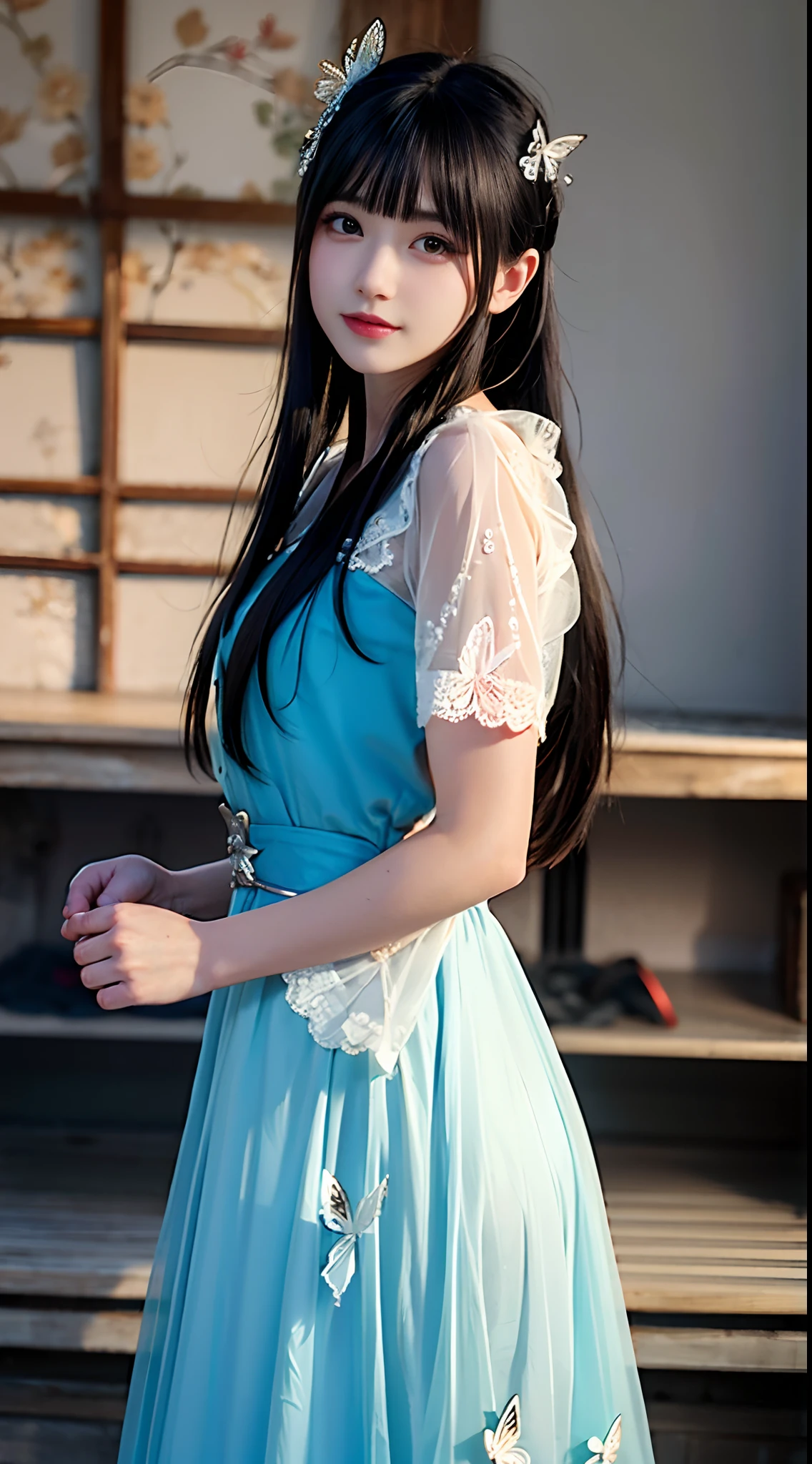 Realistic,Photorealistic,Masterpiece,1girll, Black hair, dress, Butterfly, bugs, Long hair, hair adornments, hair-bun, Solo, Snow, nevando, Blue dress, flower
