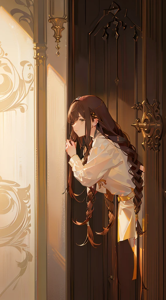 Striped hair, Light brown hair, low twin braids, hair adornments, hairpods, covering eyes, contemplative, character sheets, stats, hyper HD, Masterpiece, ccurate, Super detail, A high resolution, 1080p, 8K, 16k,A girl, full bodyesbian