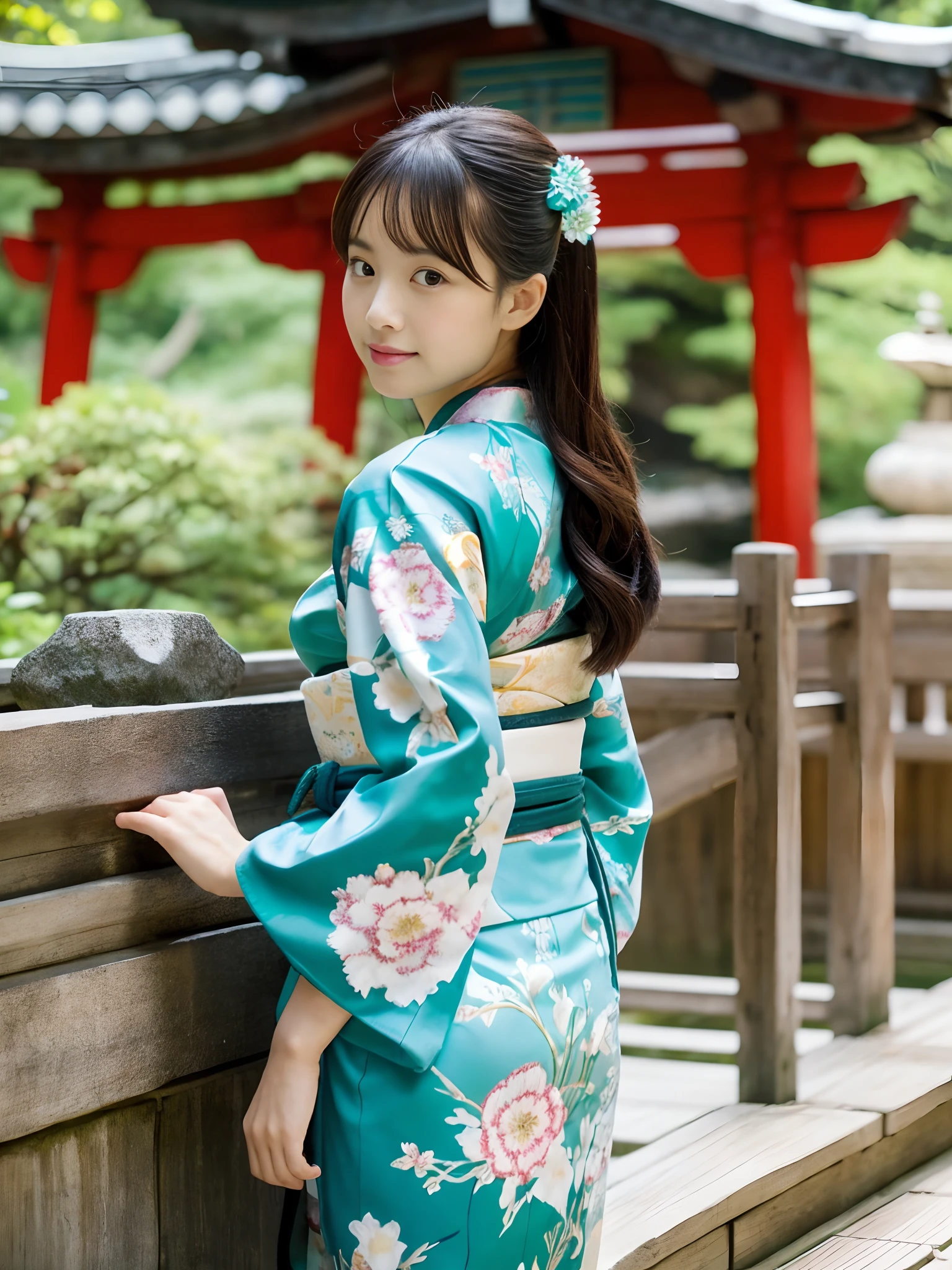 1girl in, Solo, From above, (White lily flowers), Aesthetic, Convoluted, Best Quality, Detailed background, Sayaka Miki, ((Girl in patterned teal kimono:1.2)), (Walk through the Zen Gardens), Casual pose, Detailed textures, Posing, with floral pattern, Hair Flower, Hair Ornament, Komono, Kimono, Obi, Outdoors, pagoda, flower petals, (Teal kimono), sash, shrines, skyporn, stone stairs, torii, Wide sleeves, Yukata