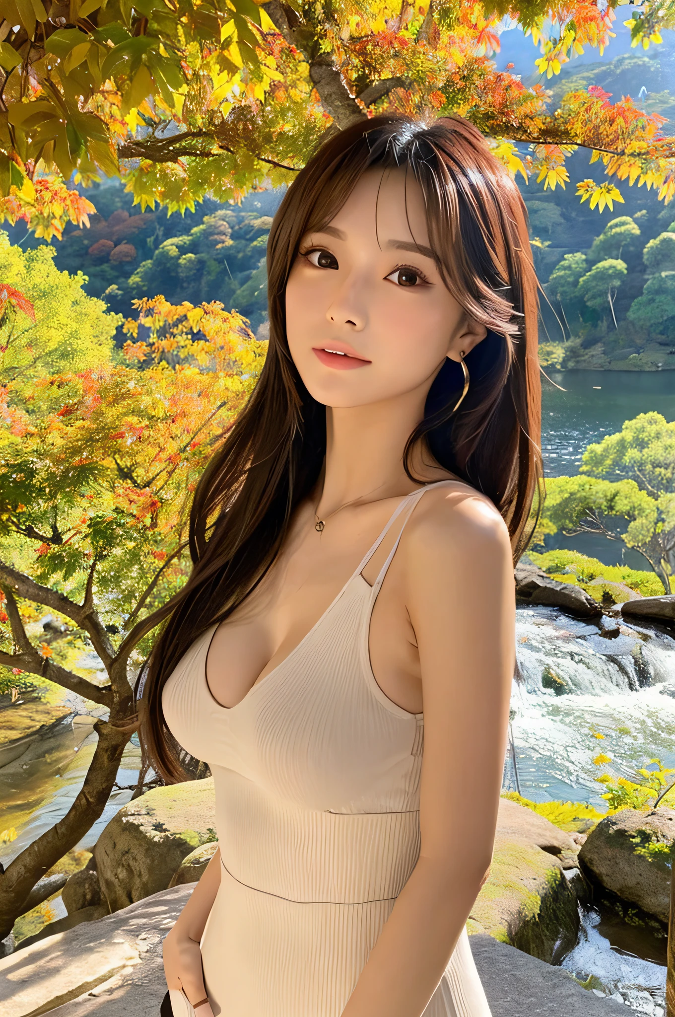 Create a sexy and attractive AI beauty character with Japanese facial features. She has long hair, a supple slender body, large eyes, and a perky figure. She has small but beautifully shaped breasts. She is dressed in chic clothes and is enjoying the autumn leaves in a mountain with a view of a waterfall.