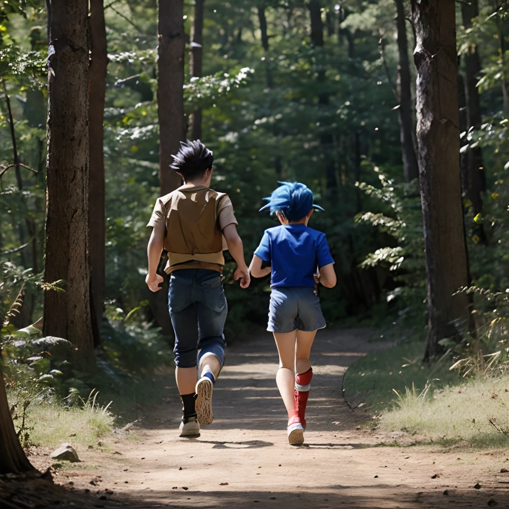 Teen trunks and teen goten from dragon ball running with sonic the hedgehog through a forest